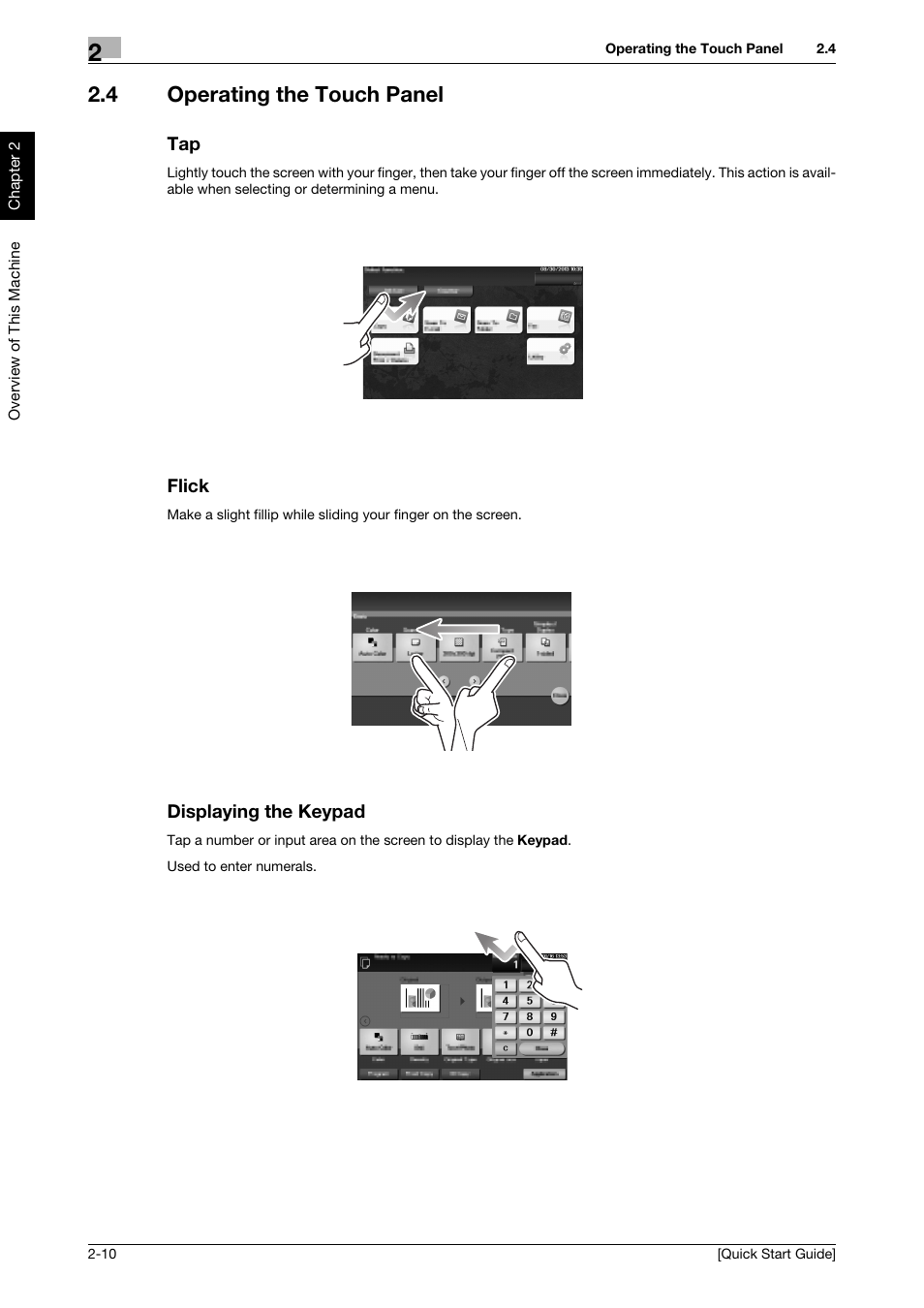 4 operating the touch panel, Flick, Displaying the keypad | Konica Minolta bizhub 4750 User Manual | Page 19 / 62