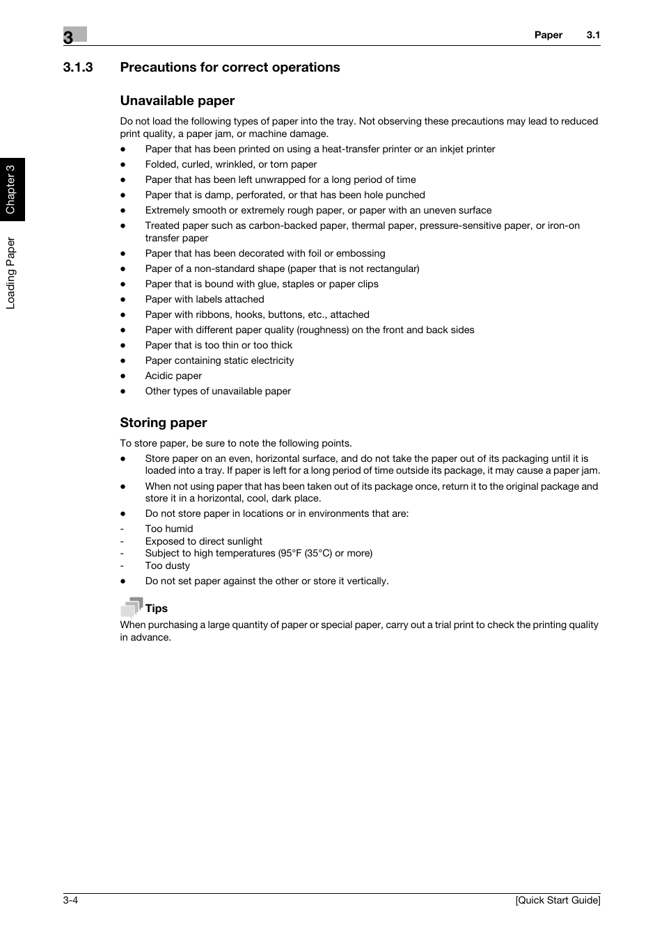 3 precautions for correct operations, Unavailable paper, Storing paper | Konica Minolta bizhub 4750 User Manual | Page 27 / 62