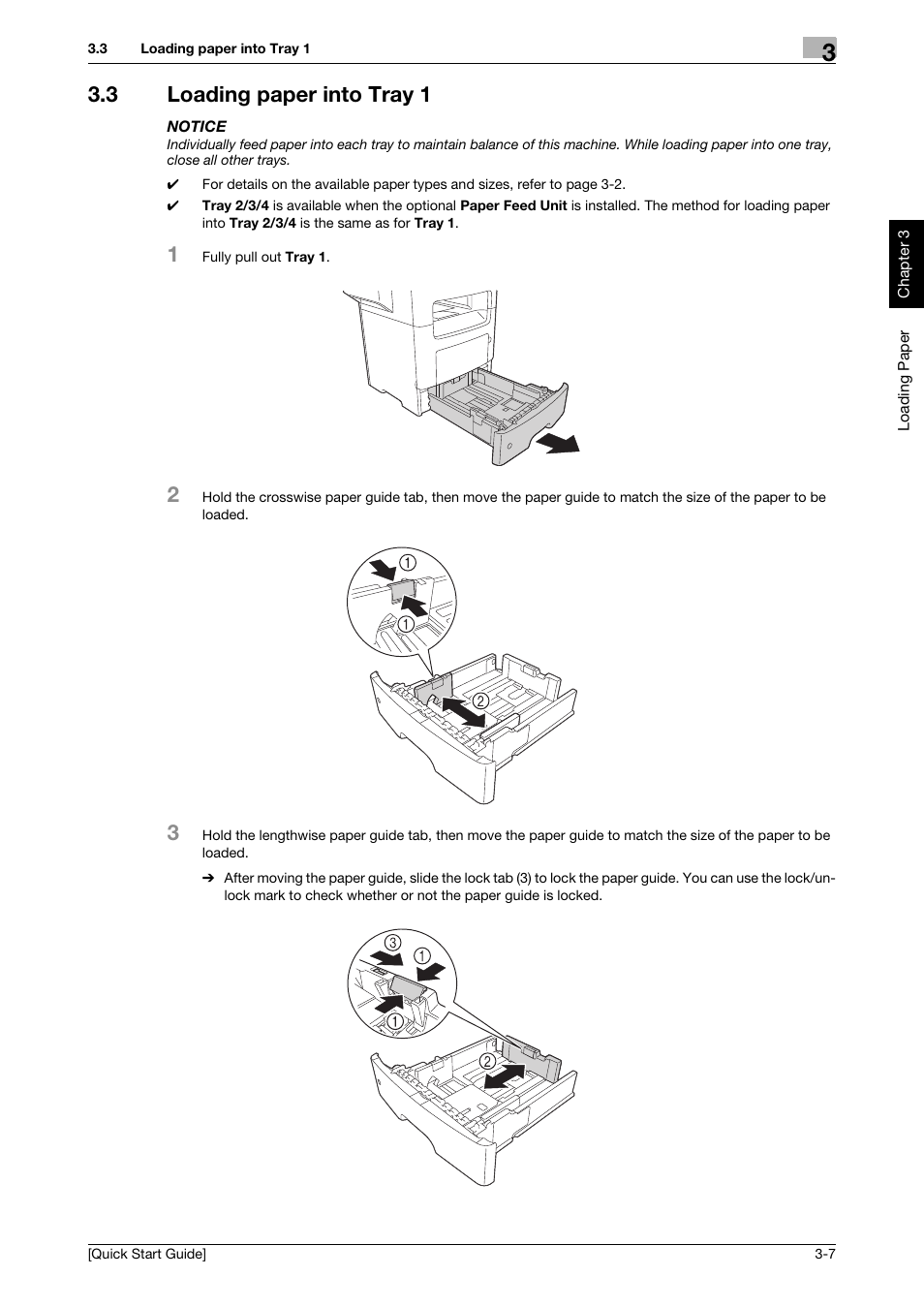 3 loading paper into tray 1, Loading paper into tray 1 -7 | Konica Minolta bizhub 4750 User Manual | Page 30 / 62