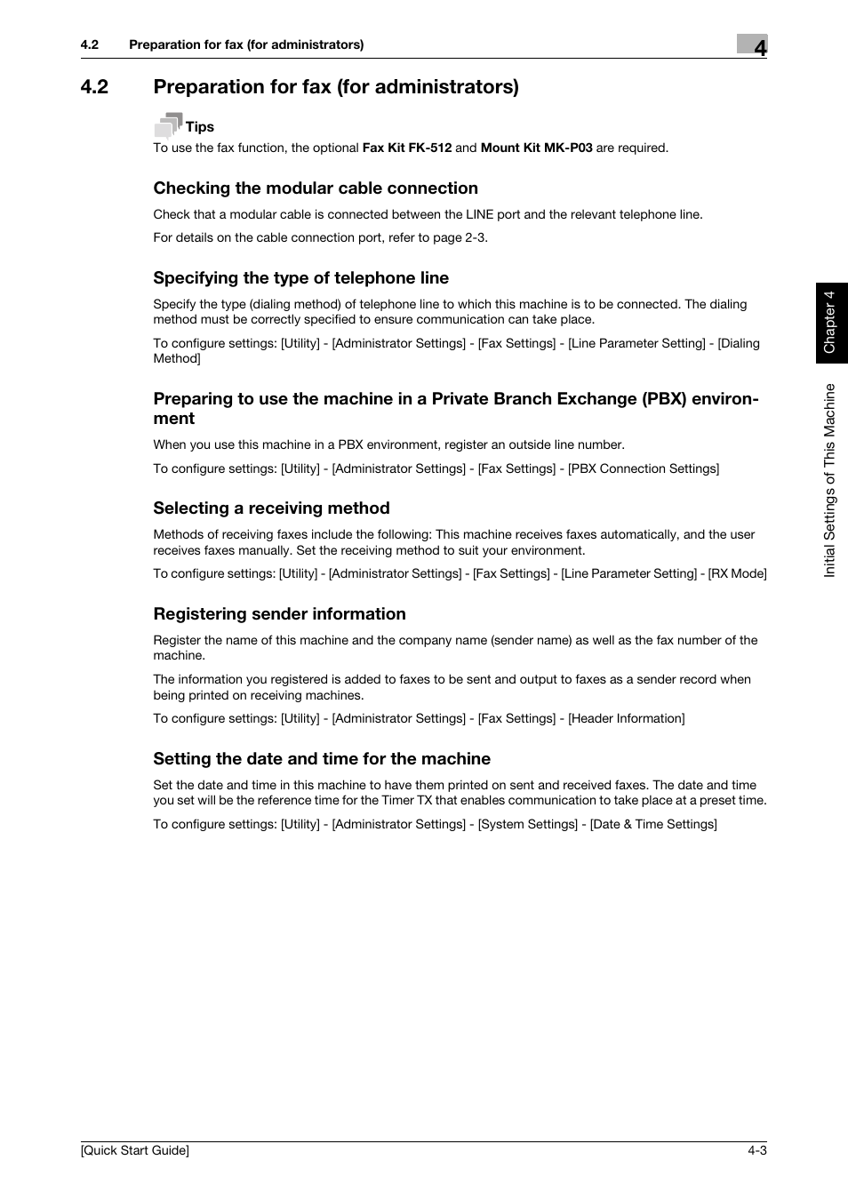 2 preparation for fax (for administrators), Checking the modular cable connection, Specifying the type of telephone line | Selecting a receiving method, Registering sender information, Setting the date and time for the machine | Konica Minolta bizhub 4750 User Manual | Page 34 / 62