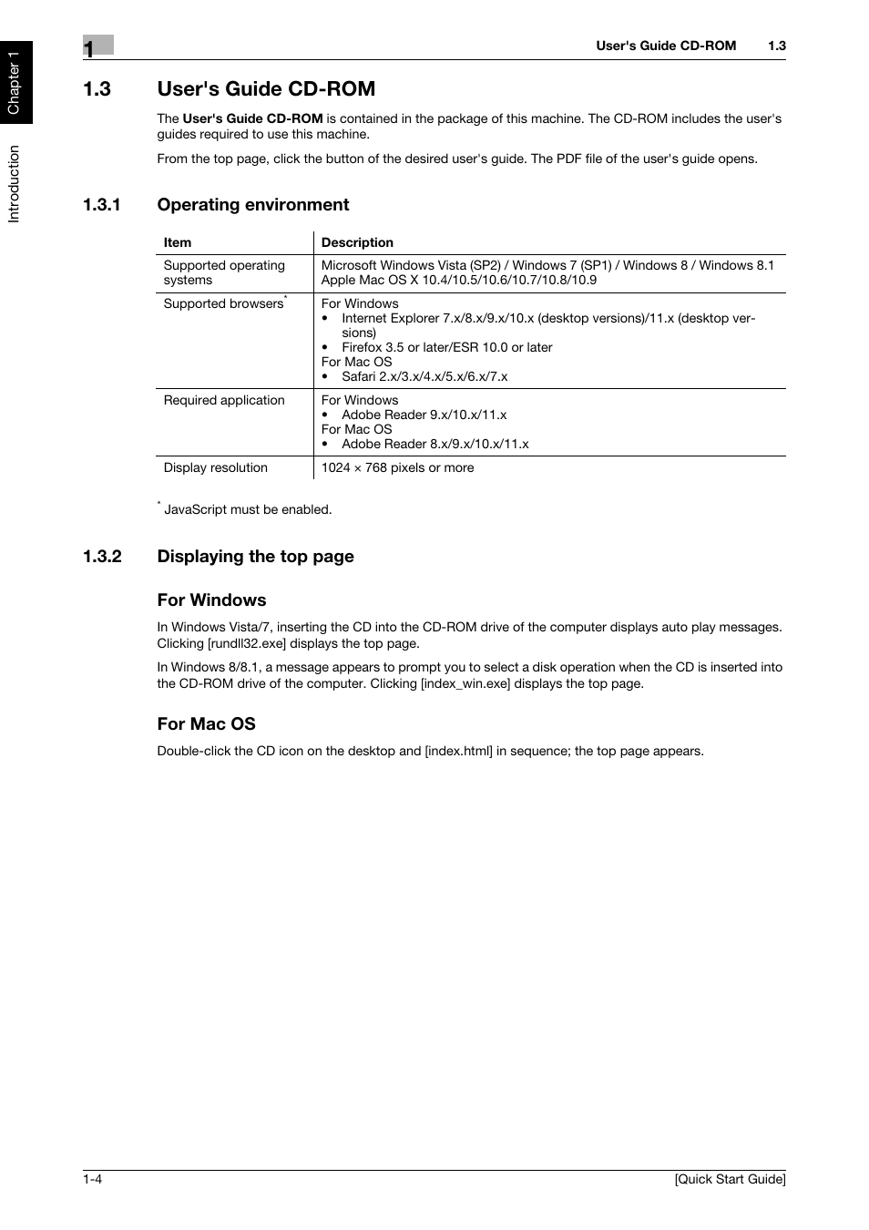 3 user's guide cd-rom, 1 operating environment, For windows | For mac os, User's guide cd-rom -4, Operating environment -4, 2 displaying the top page for windows | Konica Minolta bizhub 4750 User Manual | Page 7 / 62