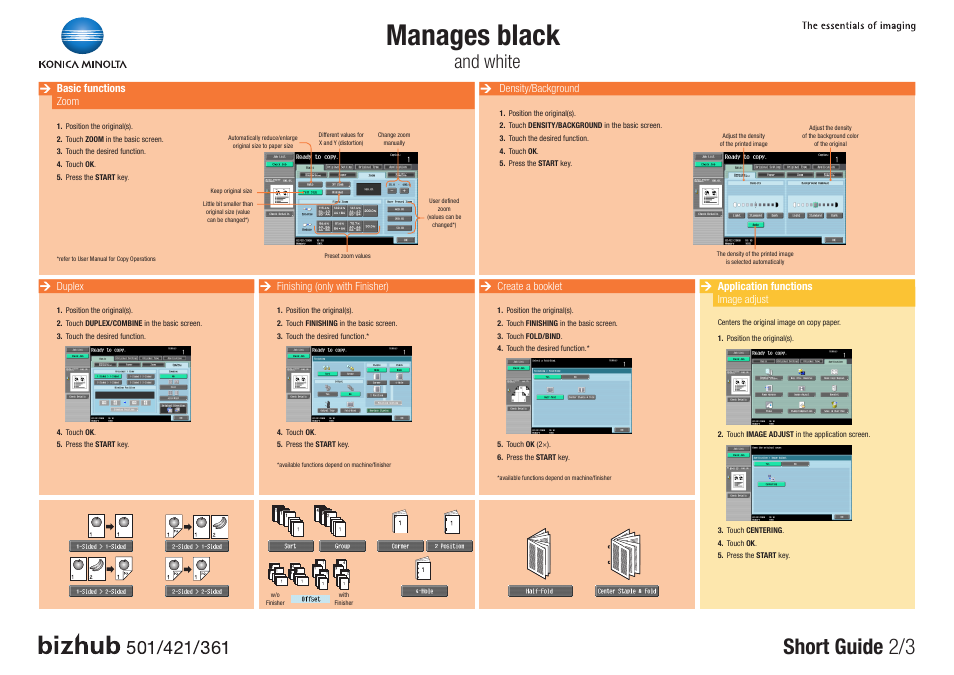 Manages black, Short guide 2/3, And white | Konica Minolta bizhub 421 User Manual | Page 2 / 3
