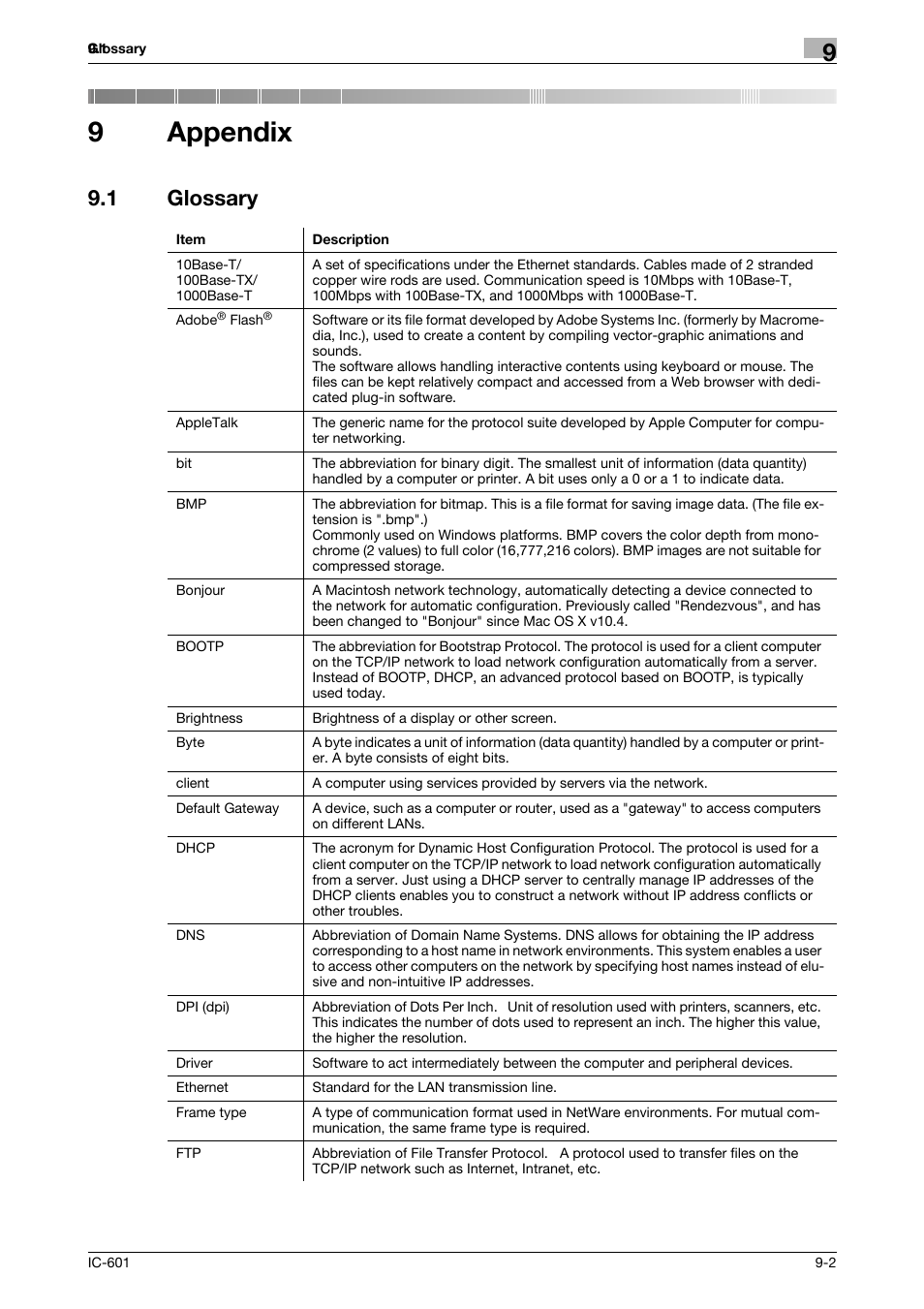 9 appendix, 1 glossary, Appendix | Glossary -2, 9appendix | Konica Minolta bizhub PRESS C7000P User Manual | Page 100 / 105