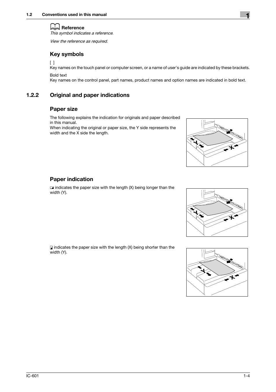 Key symbols, 2 original and paper indications, Paper size | Paper indication, Key symbols -4 | Konica Minolta bizhub PRESS C7000P User Manual | Page 8 / 105