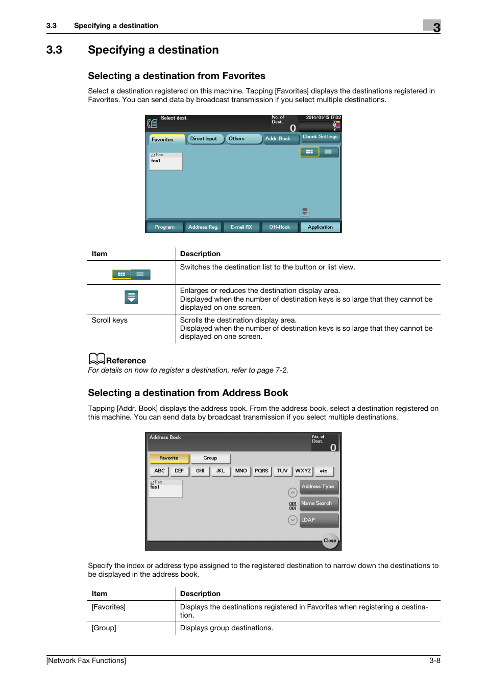3 specifying a destination, Selecting a destination from favorites, Selecting a destination from address book | Konica Minolta bizhub C3350 User Manual | Page 17 / 42