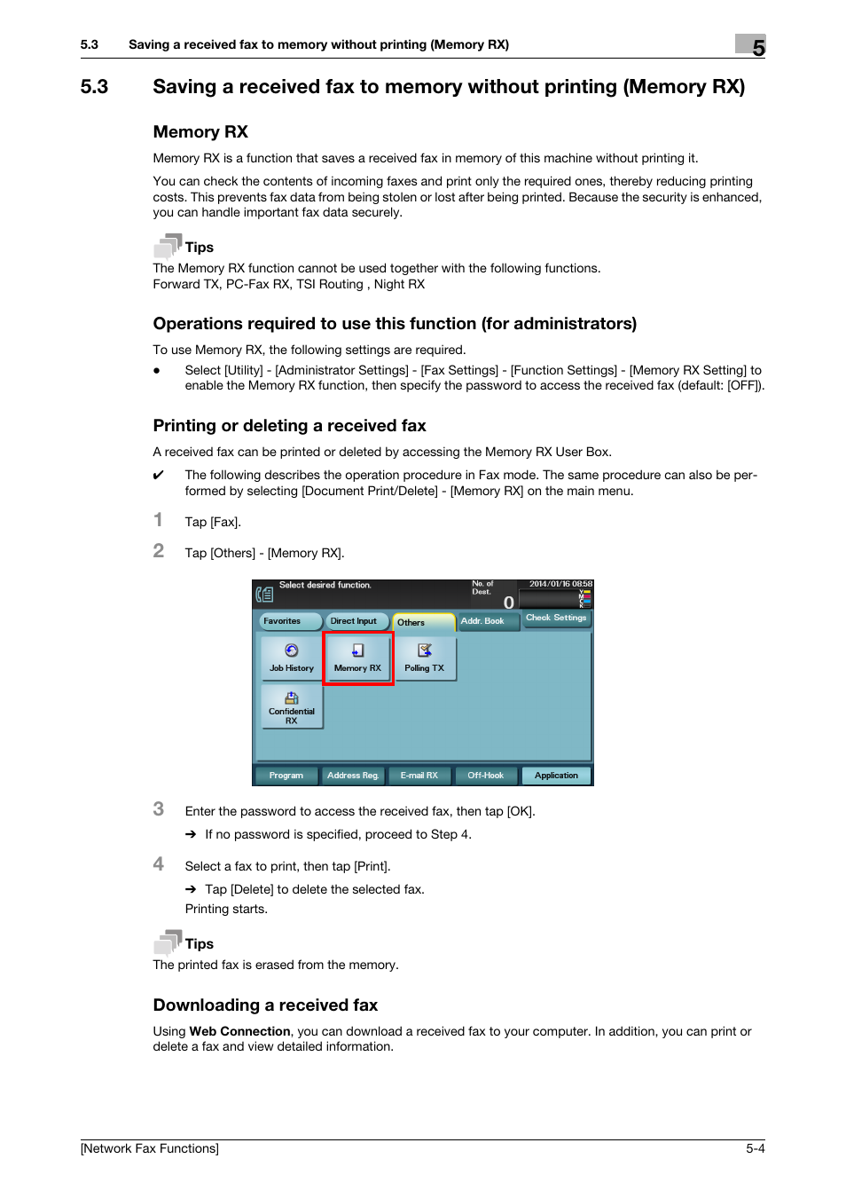 Memory rx, Printing or deleting a received fax, Downloading a received fax | Konica Minolta bizhub C3350 User Manual | Page 29 / 42