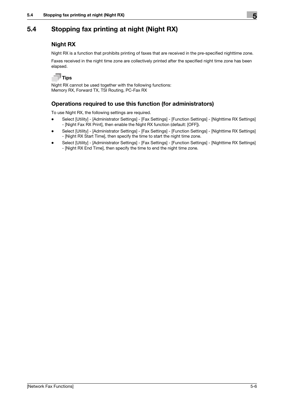 4 stopping fax printing at night (night rx), Night rx | Konica Minolta bizhub C3350 User Manual | Page 31 / 42