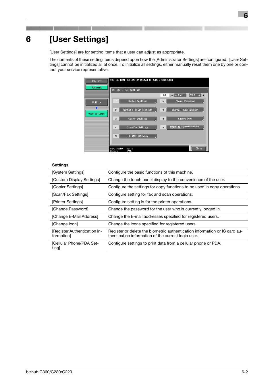 6 [user settings, User settings, 6[user settings | Konica Minolta BIZHUB C360 User Manual | Page 122 / 285