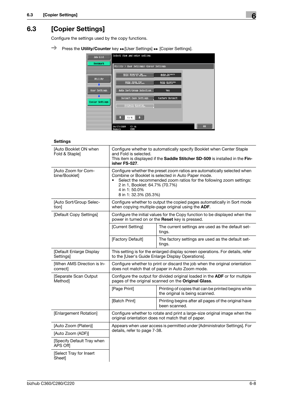 3 [copier settings, Copier settings] -8, P. 6-8 | Konica Minolta BIZHUB C360 User Manual | Page 128 / 285