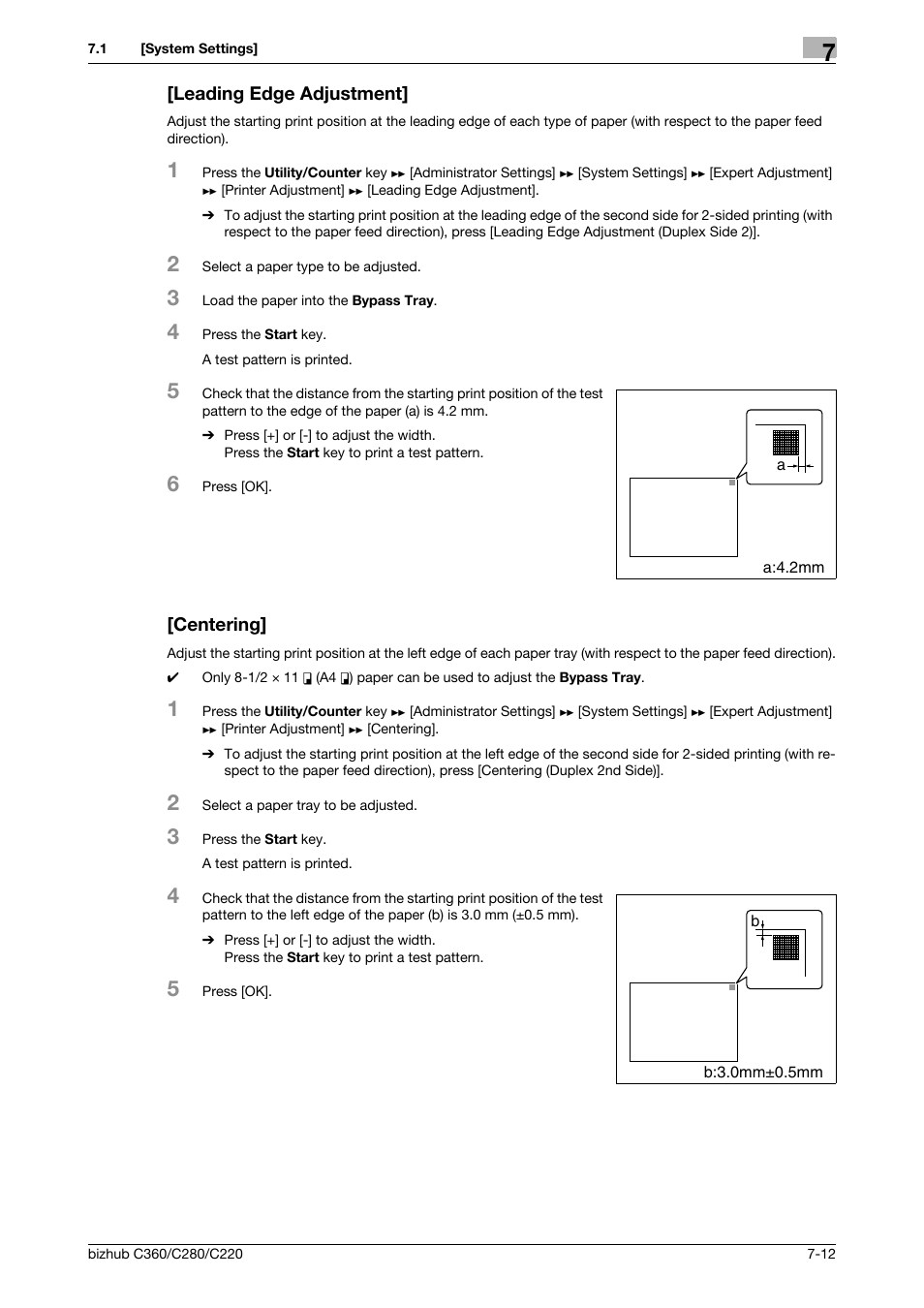 Leading edge adjustment, Centering, Leading edge adjustment] -12 [centering] -12 | P. 7-12 | Konica Minolta BIZHUB C360 User Manual | Page 149 / 285
