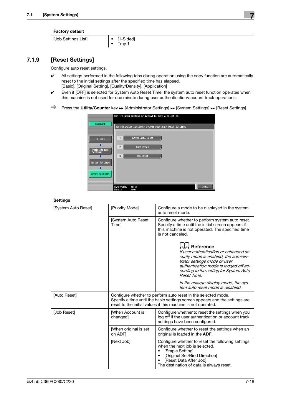 9 [reset settings, Reset settings] -18 | Konica Minolta BIZHUB C360 User Manual | Page 155 / 285