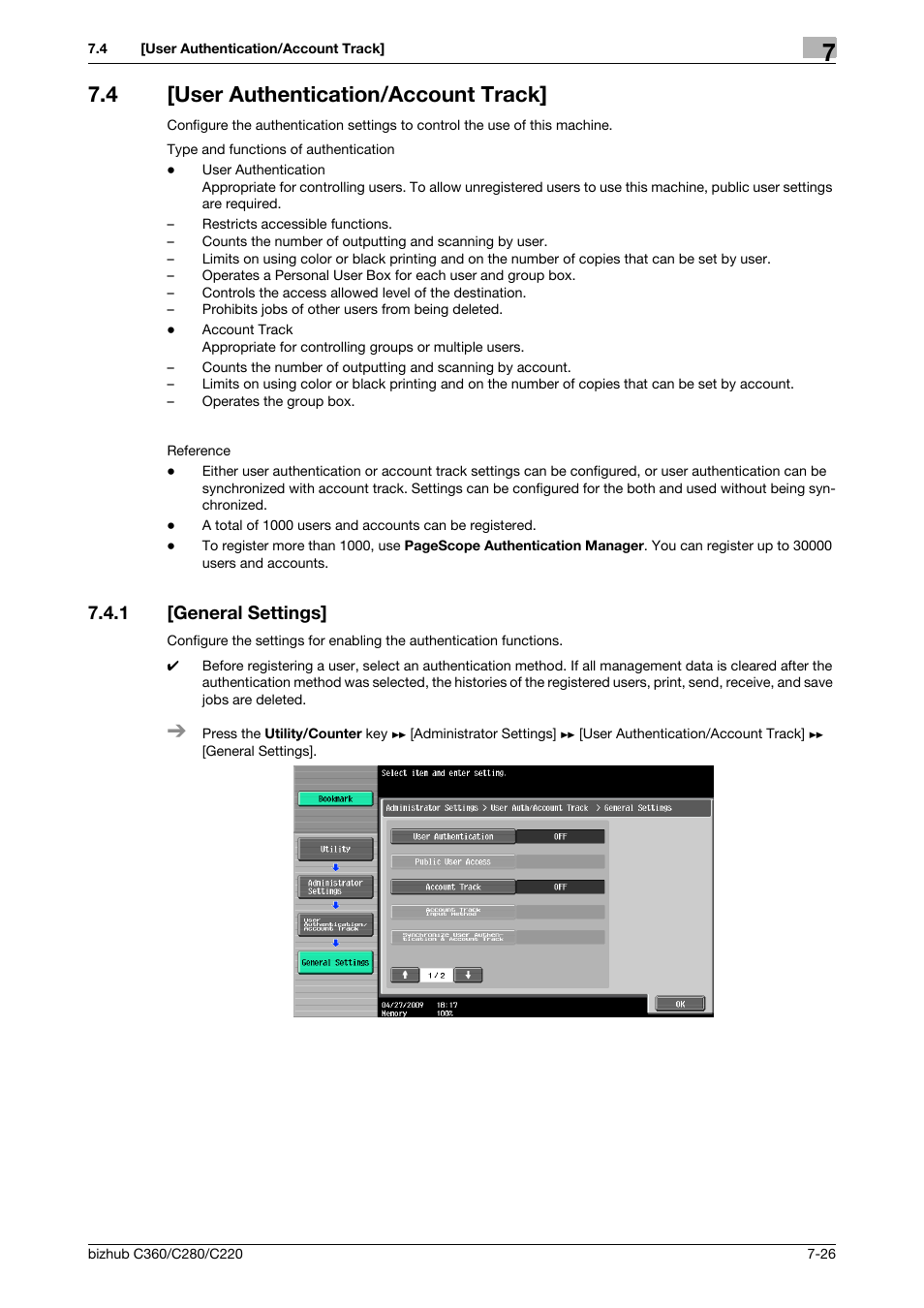 4 [user authentication/account track, 1 [general settings, User authentication/account track] -26 | General settings] -26 | Konica Minolta BIZHUB C360 User Manual | Page 163 / 285