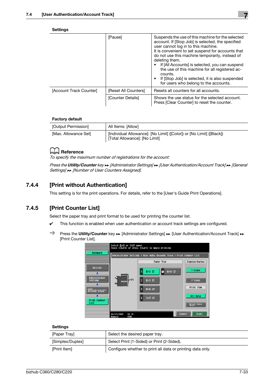4 [print without authentication, 5 [print counter list, Print without authentication] -33 | Print counter list] -33 | Konica Minolta BIZHUB C360 User Manual | Page 170 / 285