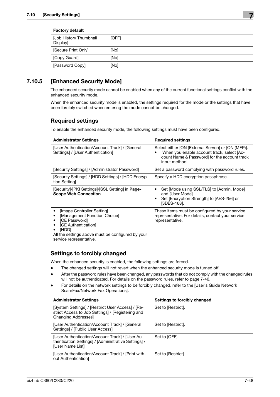 5 [enhanced security mode, Required settings, Settings to forcibly changed | Konica Minolta BIZHUB C360 User Manual | Page 185 / 285