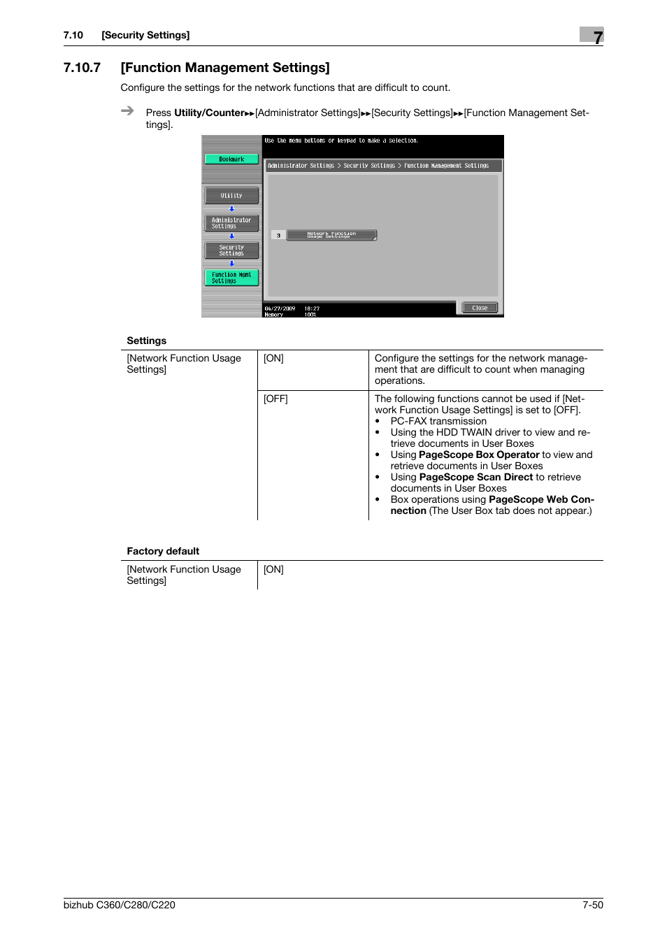 7 [function management settings, Function management settings] -50 | Konica Minolta BIZHUB C360 User Manual | Page 187 / 285