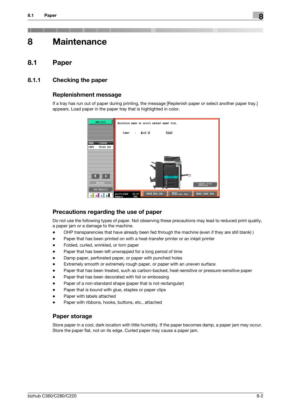8 maintenance, 1 paper, 1 checking the paper | Replenishment message, Precautions regarding the use of paper, Paper storage, Maintenance, Paper -2, 8maintenance | Konica Minolta BIZHUB C360 User Manual | Page 192 / 285