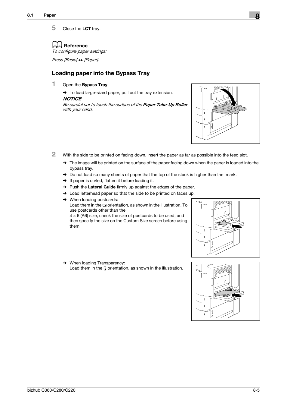 Loading paper into the bypass tray, Loading paper into the bypass tray -5 | Konica Minolta BIZHUB C360 User Manual | Page 195 / 285