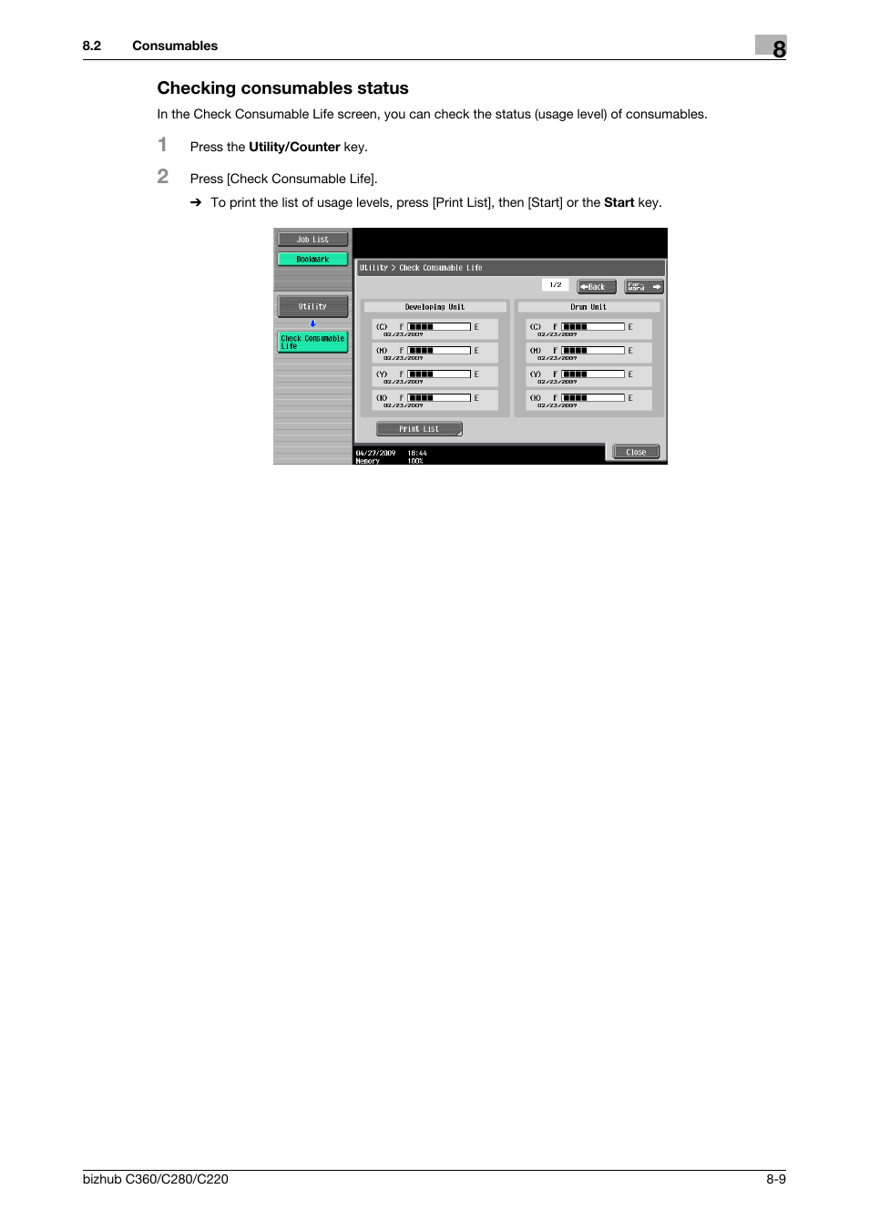 Checking consumables status, Checking consumables status -9 | Konica Minolta BIZHUB C360 User Manual | Page 199 / 285