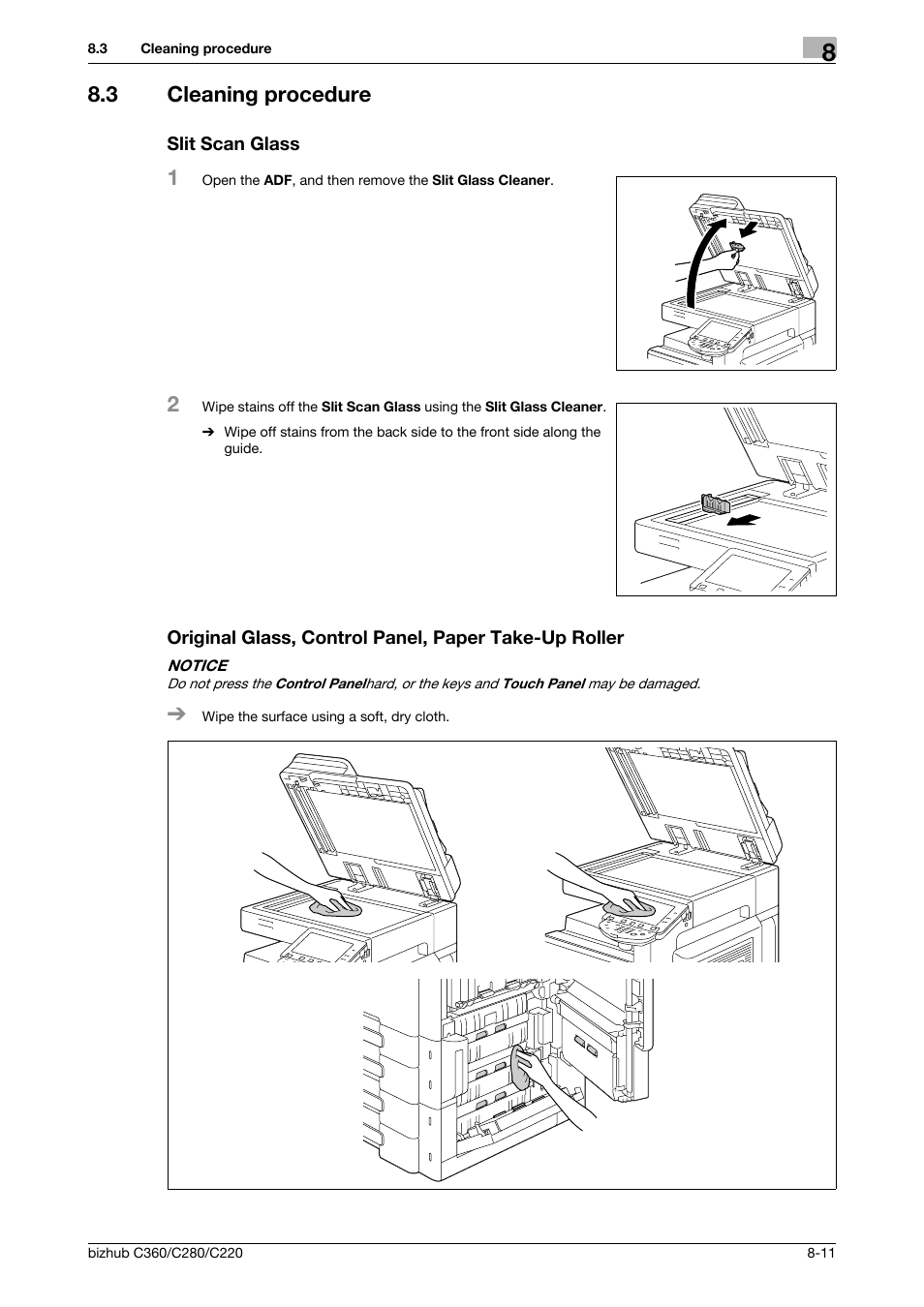 3 cleaning procedure, Slit scan glass | Konica Minolta BIZHUB C360 User Manual | Page 201 / 285