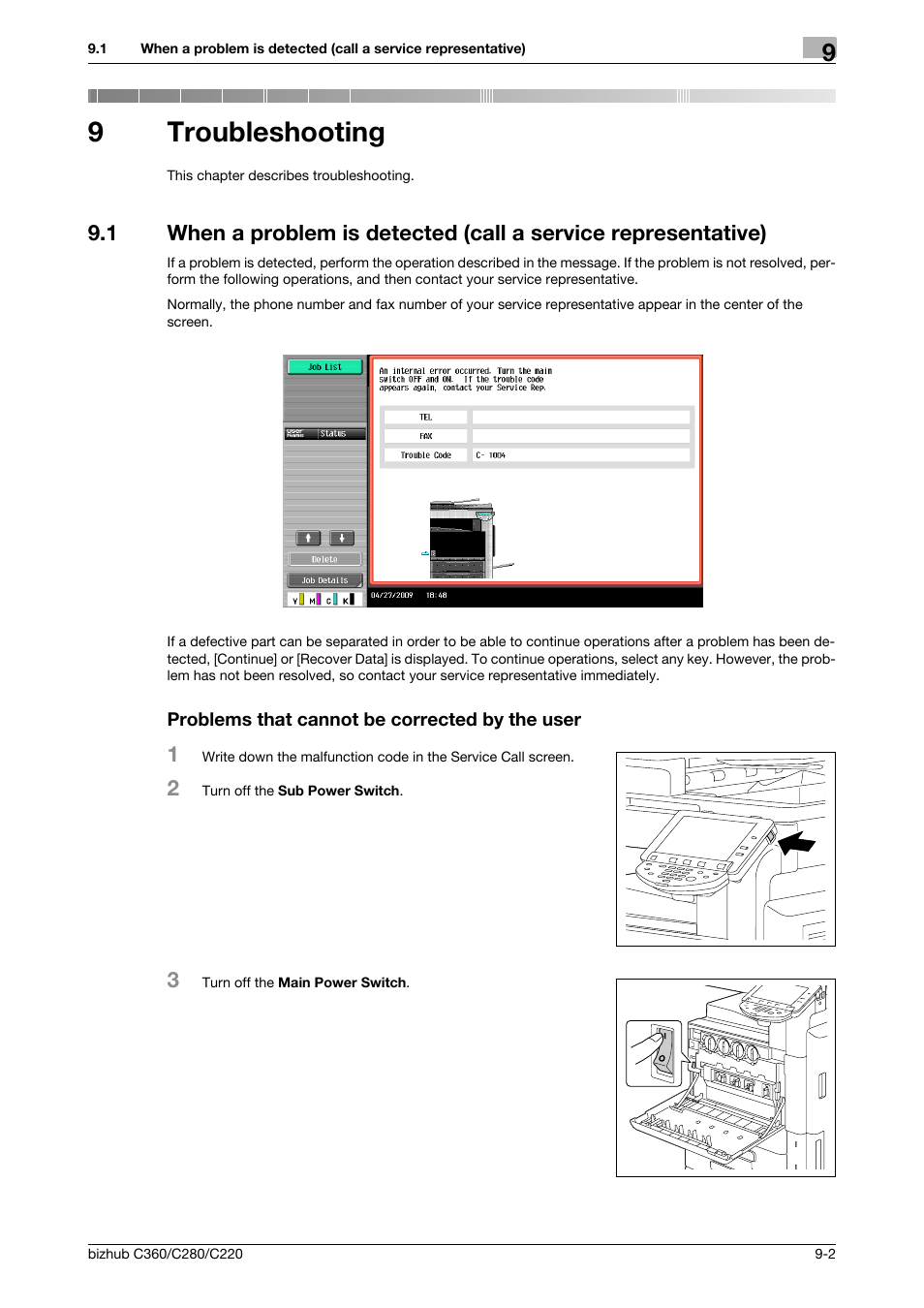 9 troubleshooting, Problems that cannot be corrected by the user, Troubleshooting | 9troubleshooting | Konica Minolta BIZHUB C360 User Manual | Page 204 / 285