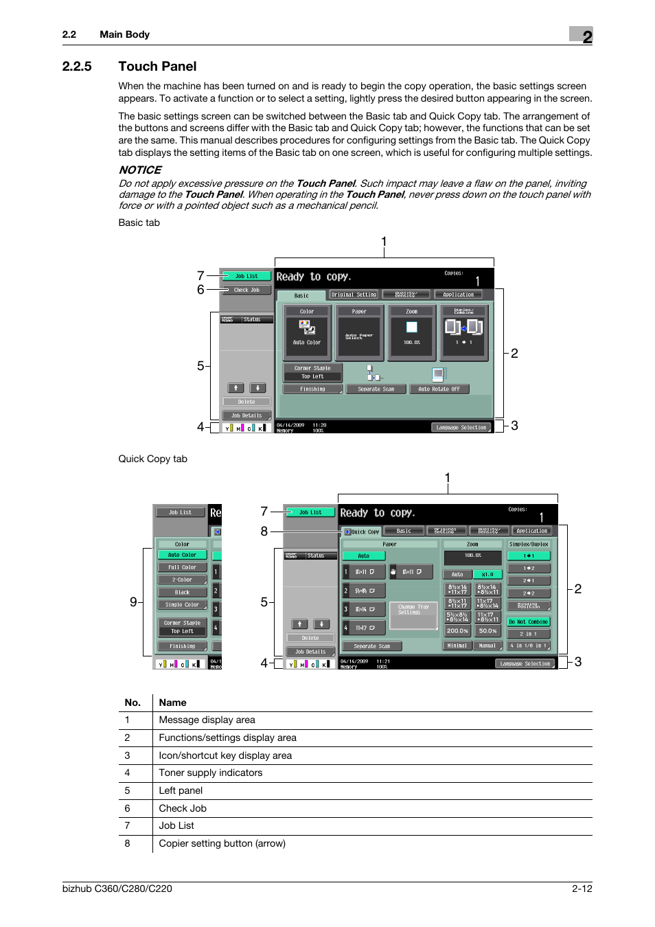 5 touch panel, Touch panel -12 | Konica Minolta BIZHUB C360 User Manual | Page 24 / 285