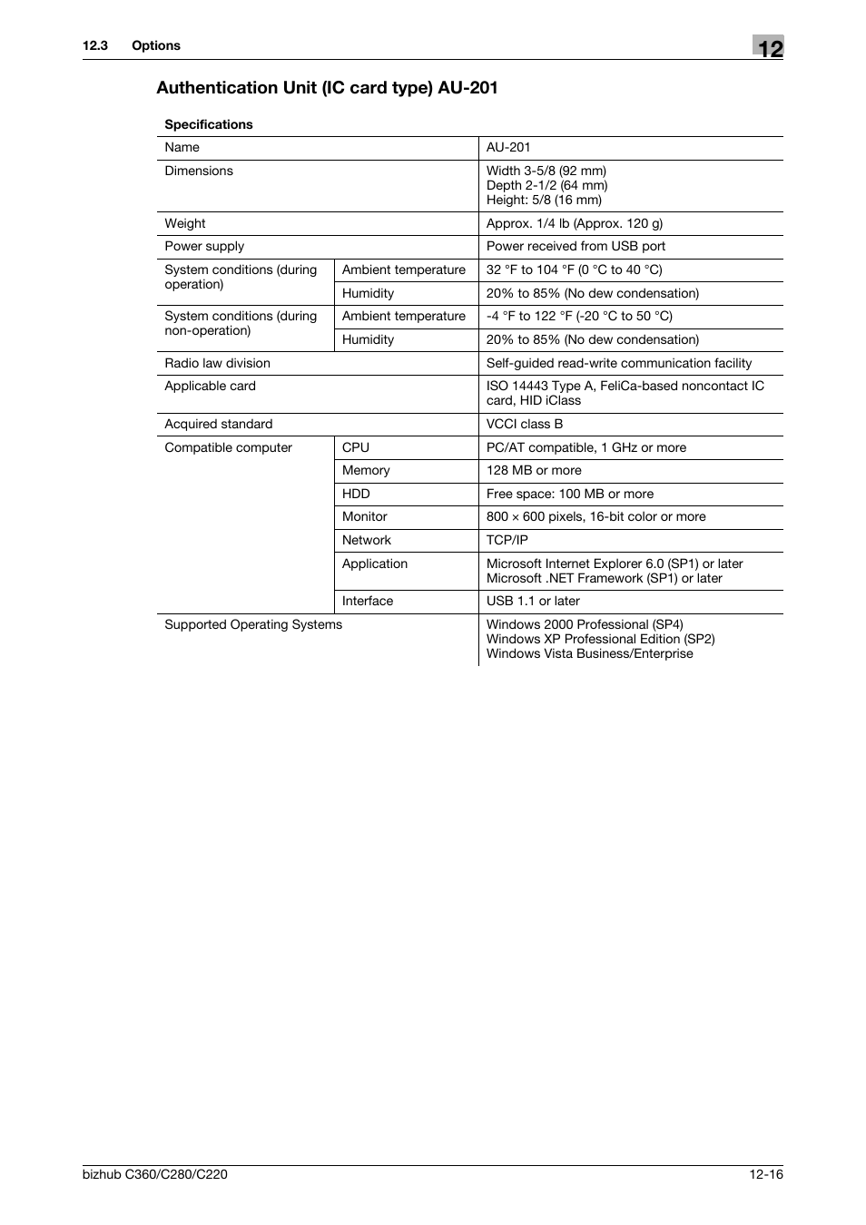 Authentication unit (ic card type) au-201, Authentication unit (ic card type) au-201 -16 | Konica Minolta BIZHUB C360 User Manual | Page 265 / 285