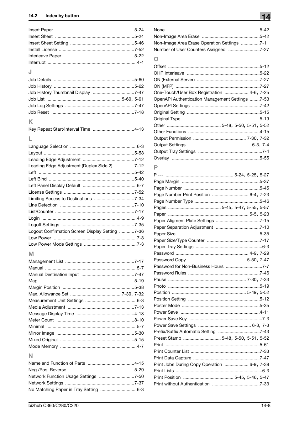 J to p | Konica Minolta BIZHUB C360 User Manual | Page 282 / 285