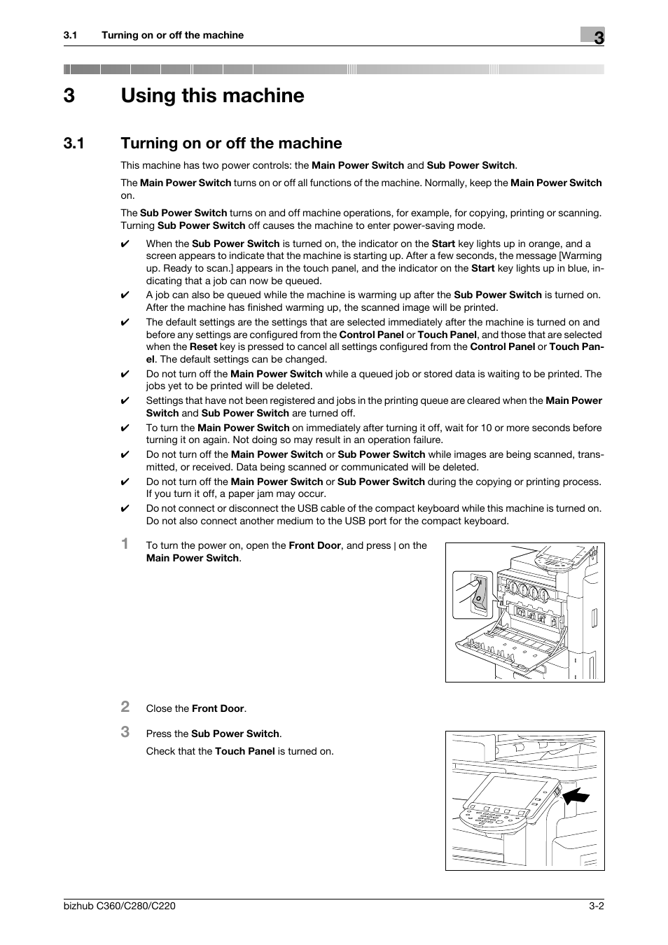 3 using this machine, 1 turning on or off the machine, Using this machine | Turning on or off the machine -2, 3using this machine | Konica Minolta BIZHUB C360 User Manual | Page 31 / 285