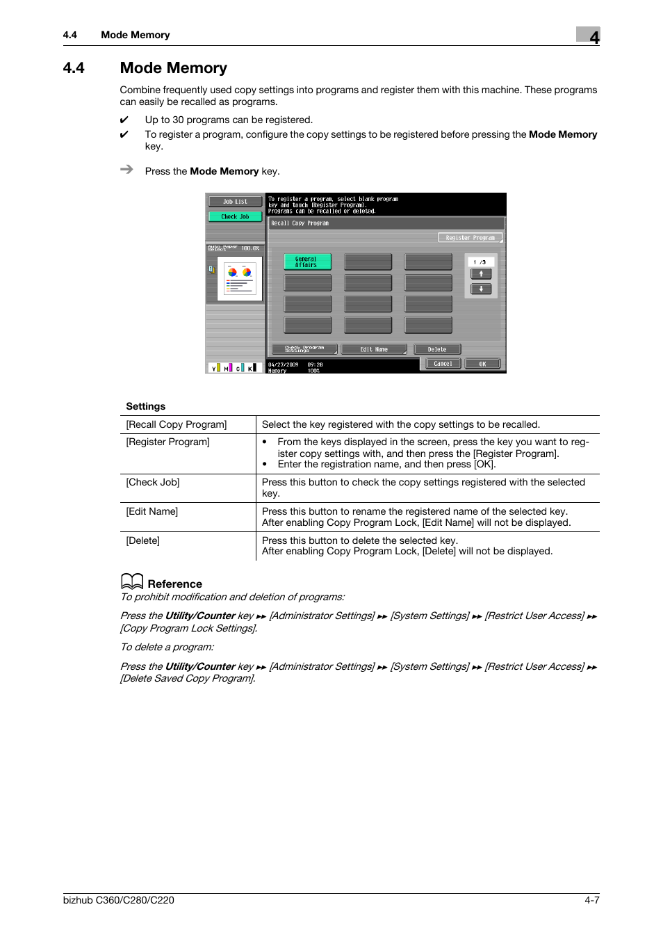 4 mode memory, Mode memory -7 | Konica Minolta BIZHUB C360 User Manual | Page 44 / 285