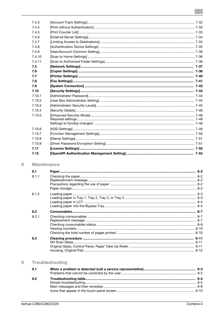 8maintenance, 9troubleshooting | Konica Minolta BIZHUB C360 User Manual | Page 5 / 285