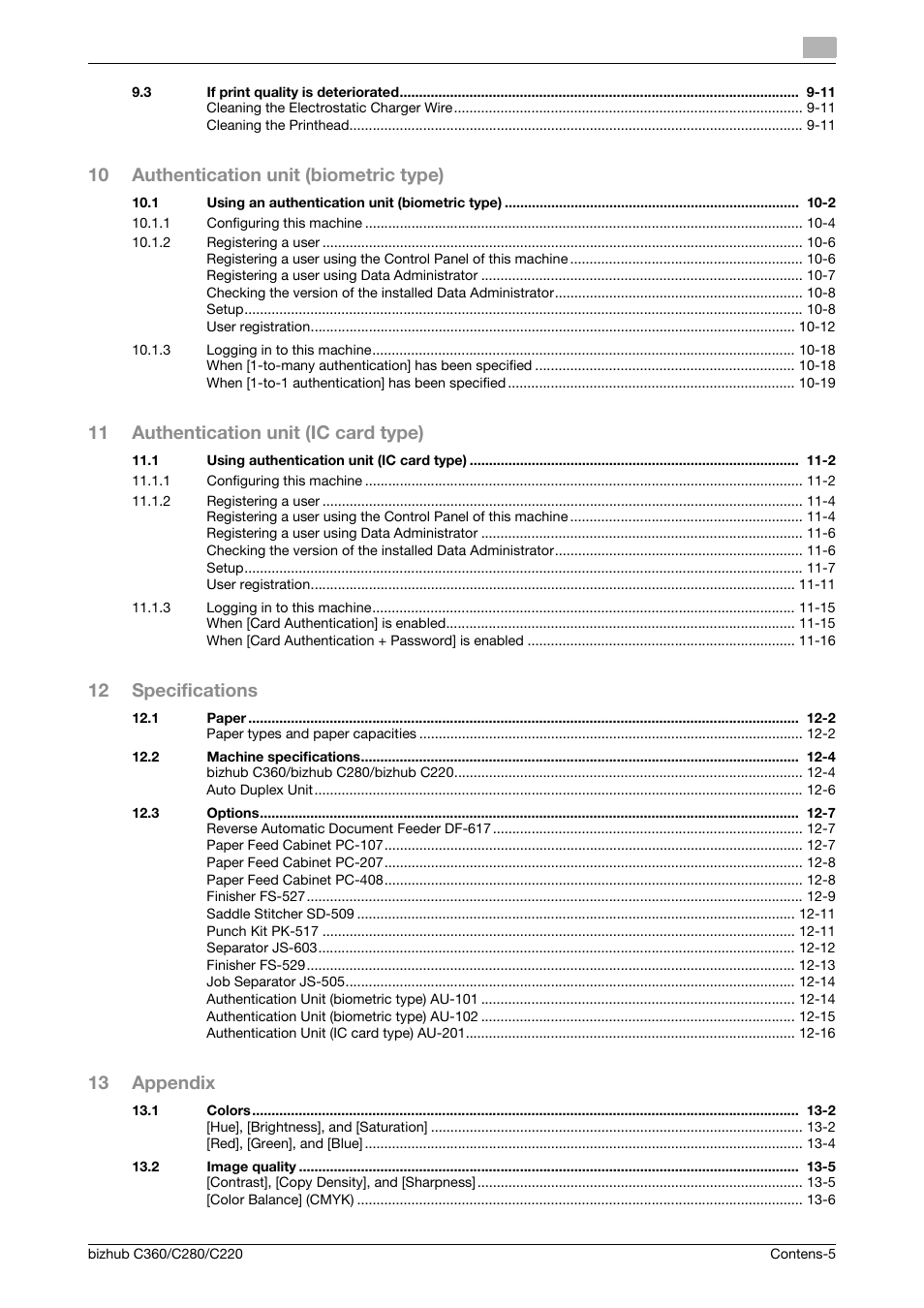 10 authentication unit (biometric type), 11 authentication unit (ic card type), 12 specifications | 13 appendix | Konica Minolta BIZHUB C360 User Manual | Page 6 / 285
