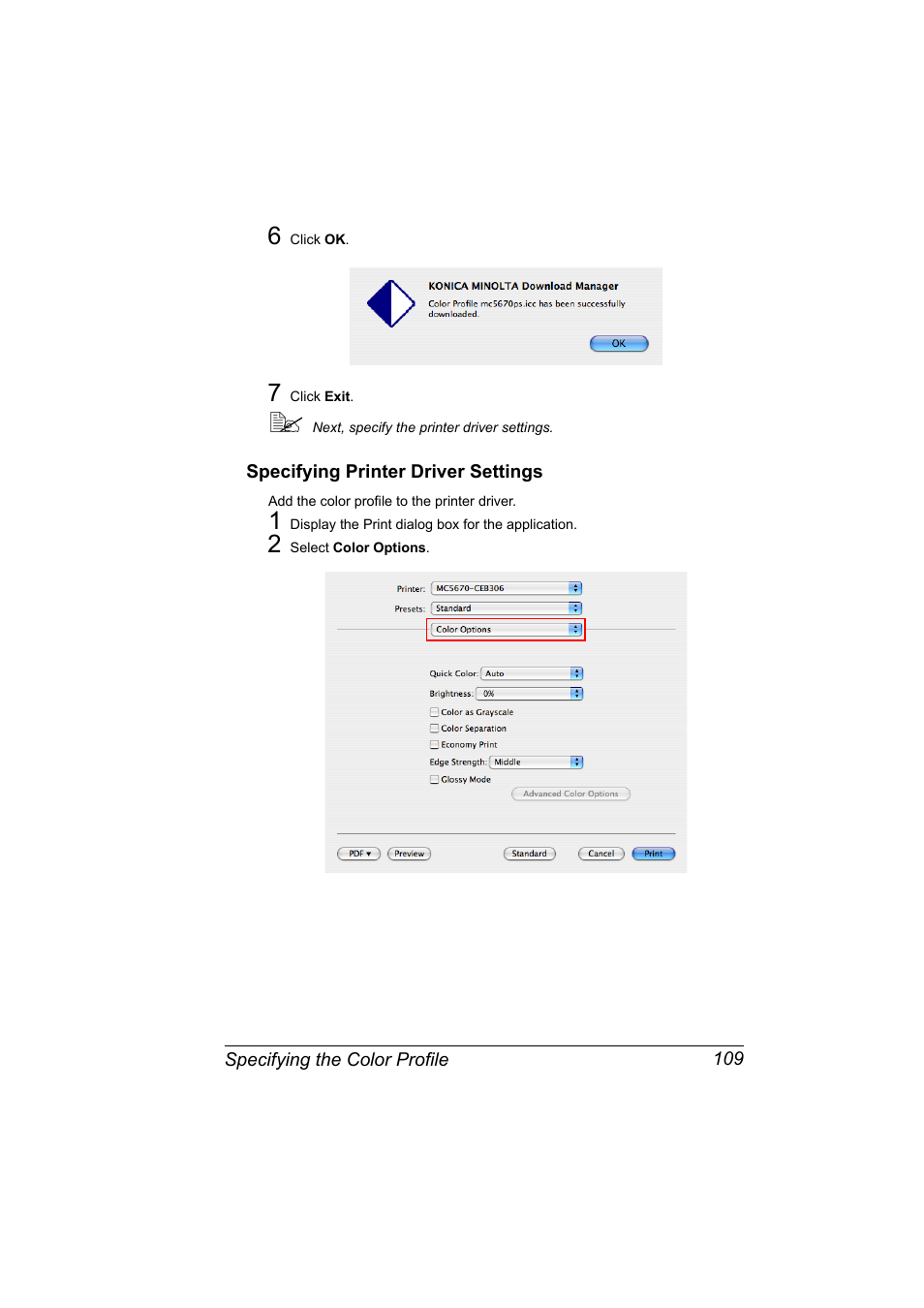 Specifying printer driver settings, Specifying printer driver settings 109 | Konica Minolta magicolor 5650 User Manual | Page 129 / 430