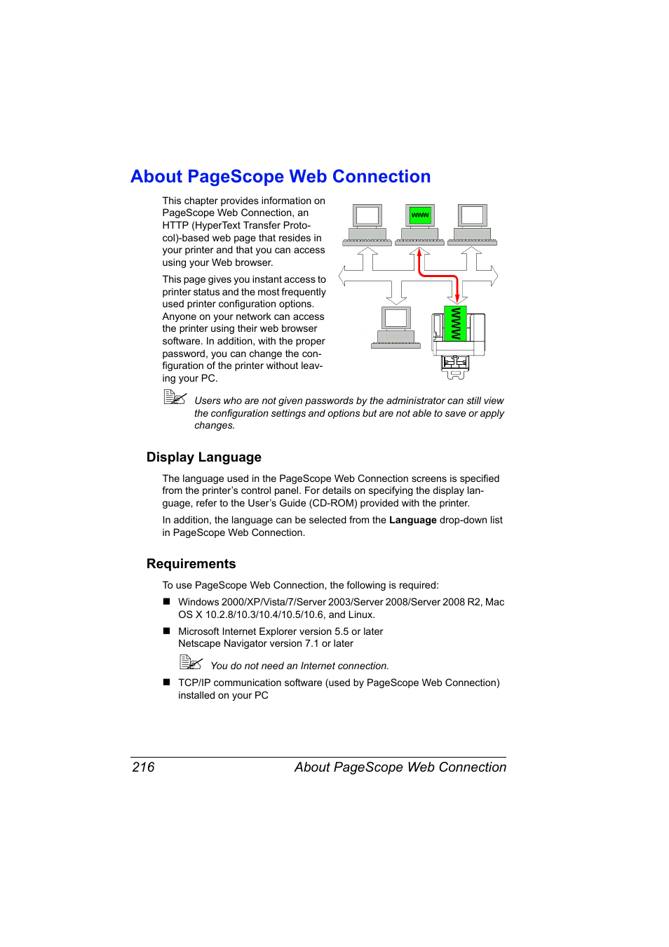 Display language, Requirements, Display language 216 requirements 216 | About pagescope web connection | Konica Minolta magicolor 5650 User Manual | Page 236 / 430