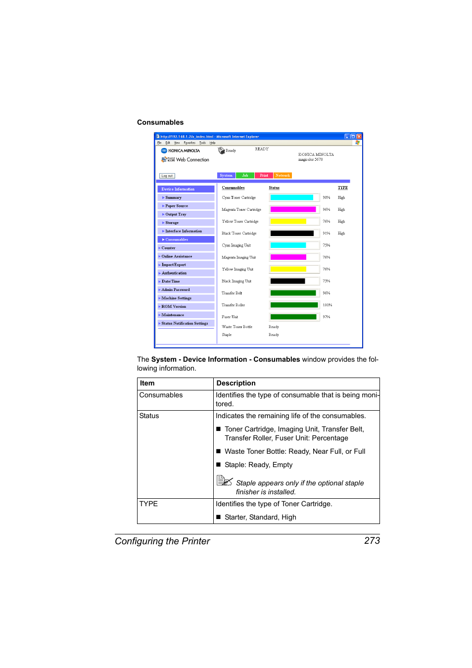 Configuring the printer 273 | Konica Minolta magicolor 5650 User Manual | Page 293 / 430