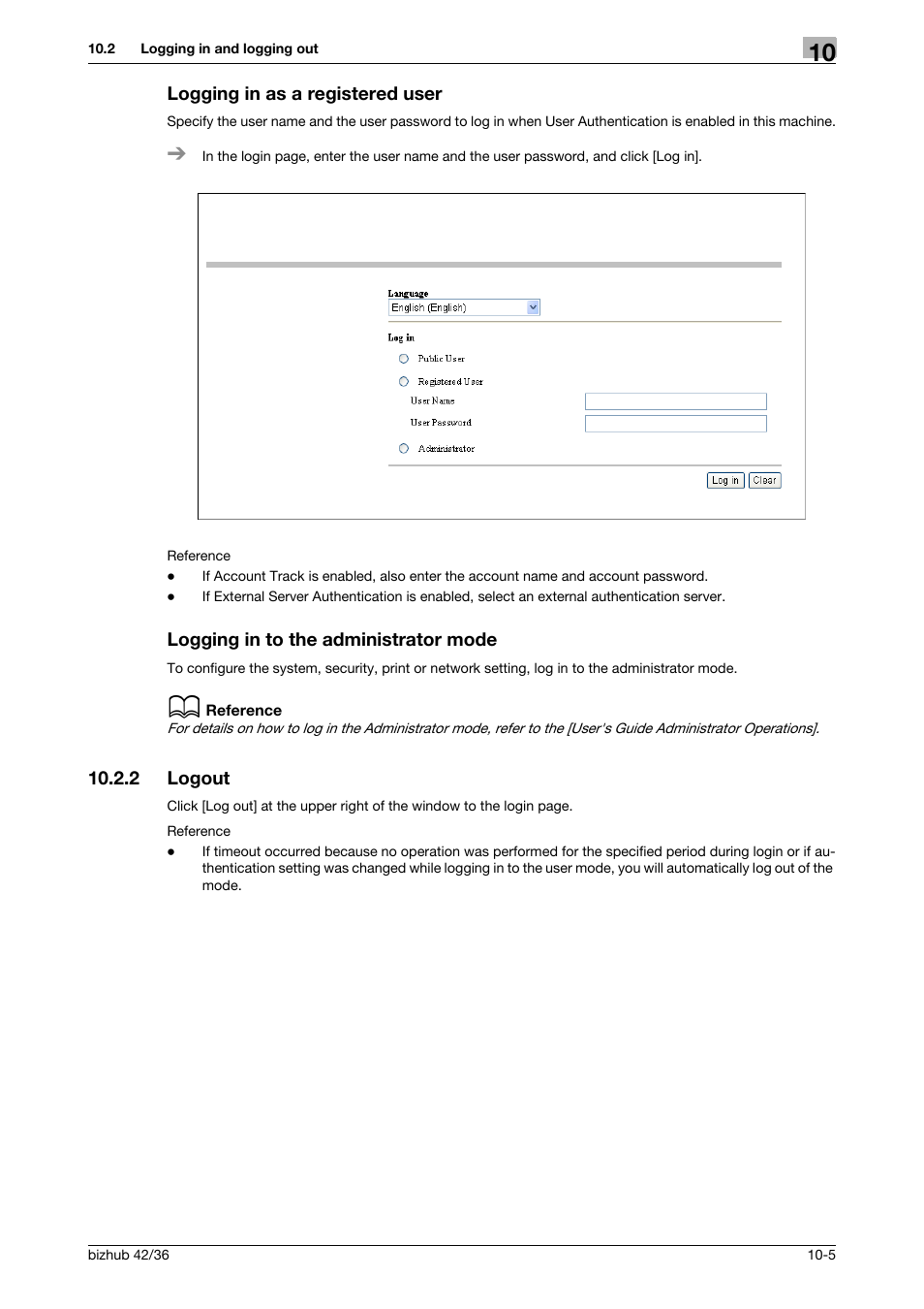 Logging in as a registered user, Logging in to the administrator mode, 2 logout | Logout -5 | Konica Minolta bizhub 42 User Manual | Page 121 / 158