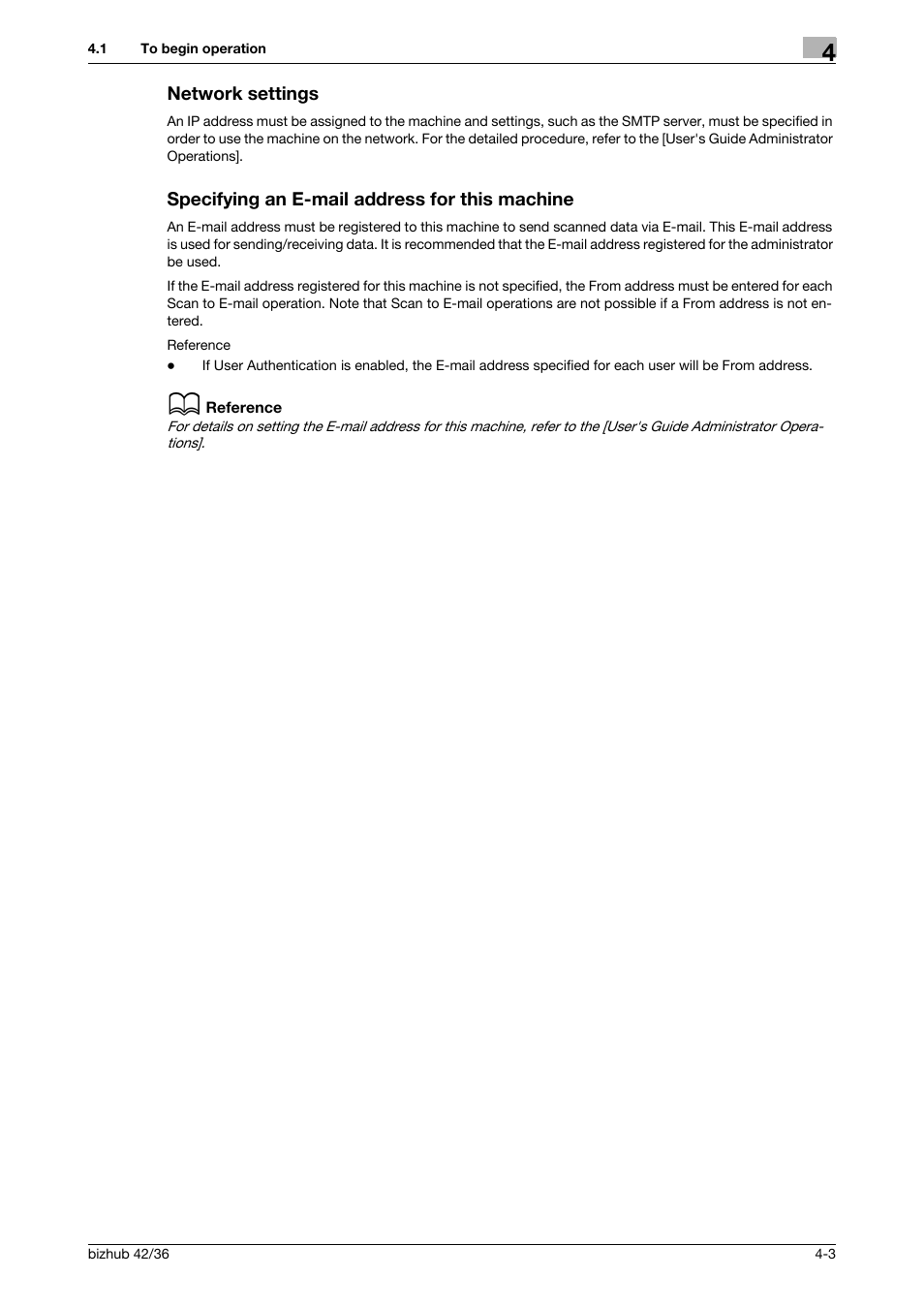 Network settings, Specifying an e-mail address for this machine | Konica Minolta bizhub 42 User Manual | Page 30 / 158