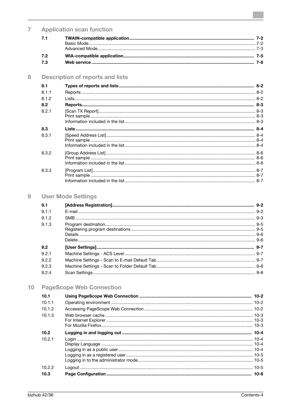 7application scan function, 8description of reports and lists, 9user mode settings | 10 pagescope web connection | Konica Minolta bizhub 42 User Manual | Page 5 / 158