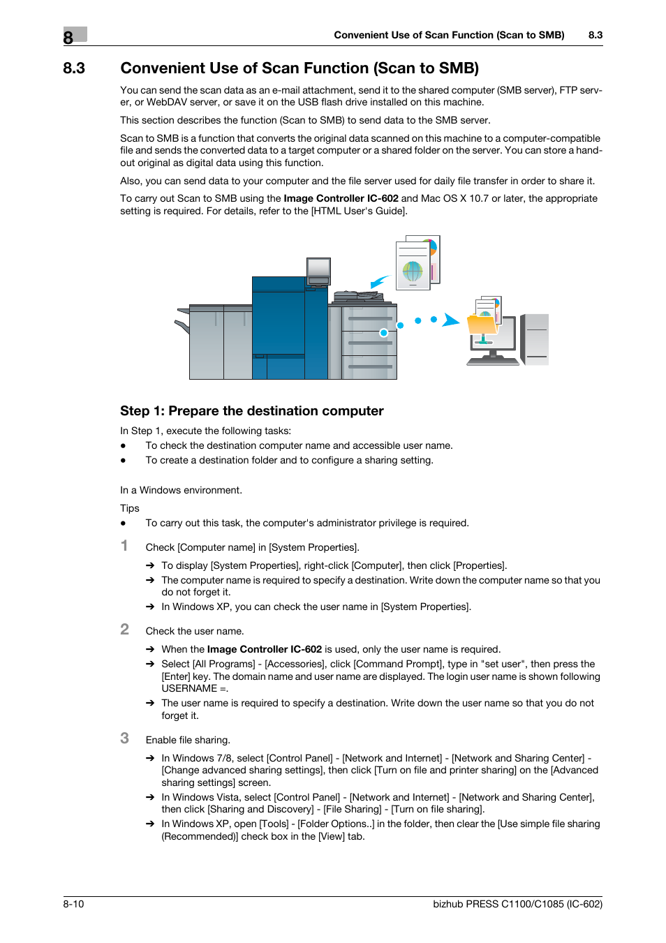 3 convenient use of scan function (scan to smb), Step 1: prepare the destination computer, Convenient use of scan function (scan to smb) -10 | Konica Minolta bizhub PRESS C1085 User Manual | Page 106 / 130