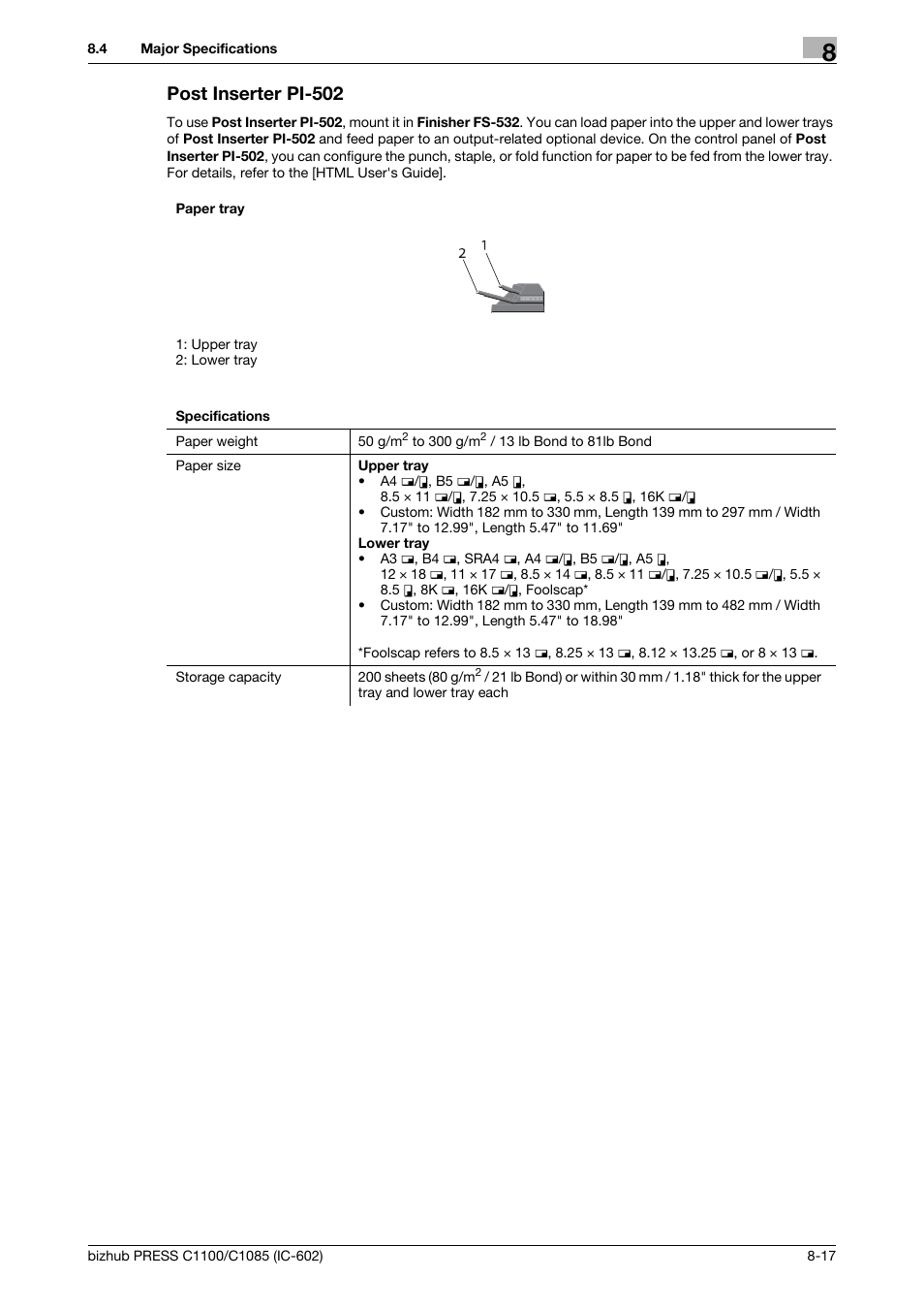 Post inserter pi-502 | Konica Minolta bizhub PRESS C1085 User Manual | Page 113 / 130