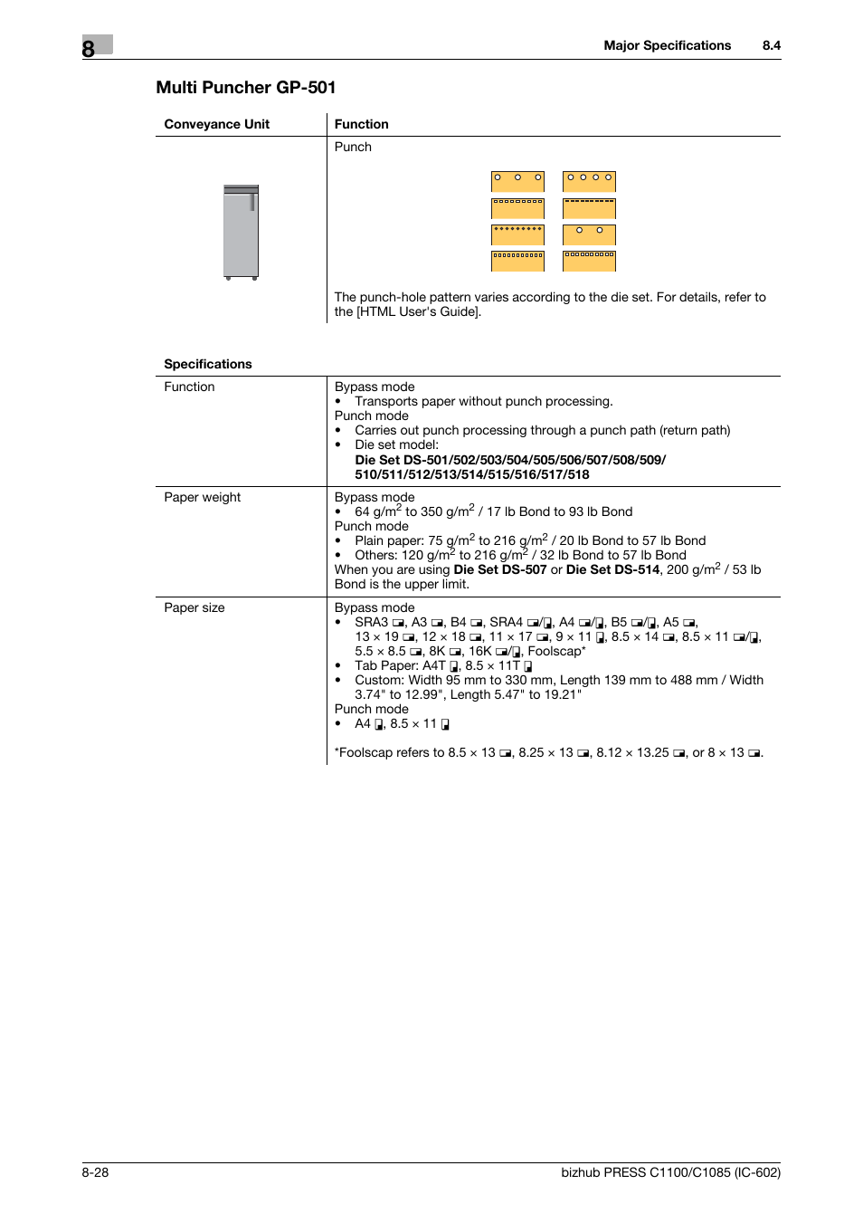 Multi puncher gp-501 | Konica Minolta bizhub PRESS C1085 User Manual | Page 124 / 130