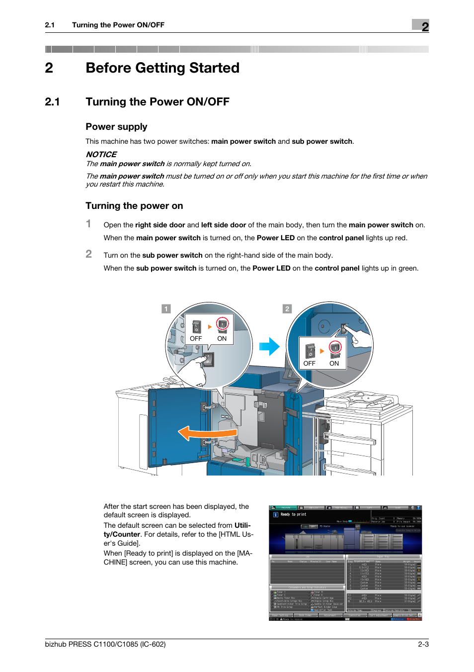 2 before getting started, 1 turning the power on/off, Power supply | Turning the power on, Before getting started, Turning the power on/off -3, 2before getting started | Konica Minolta bizhub PRESS C1085 User Manual | Page 15 / 130