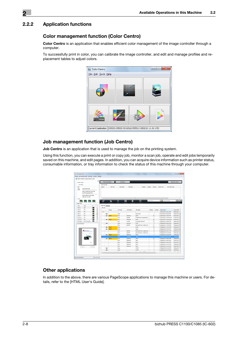 2 application functions, Color management function (color centro), Job management function (job centro) | Other applications, Application functions -8 | Konica Minolta bizhub PRESS C1085 User Manual | Page 20 / 130