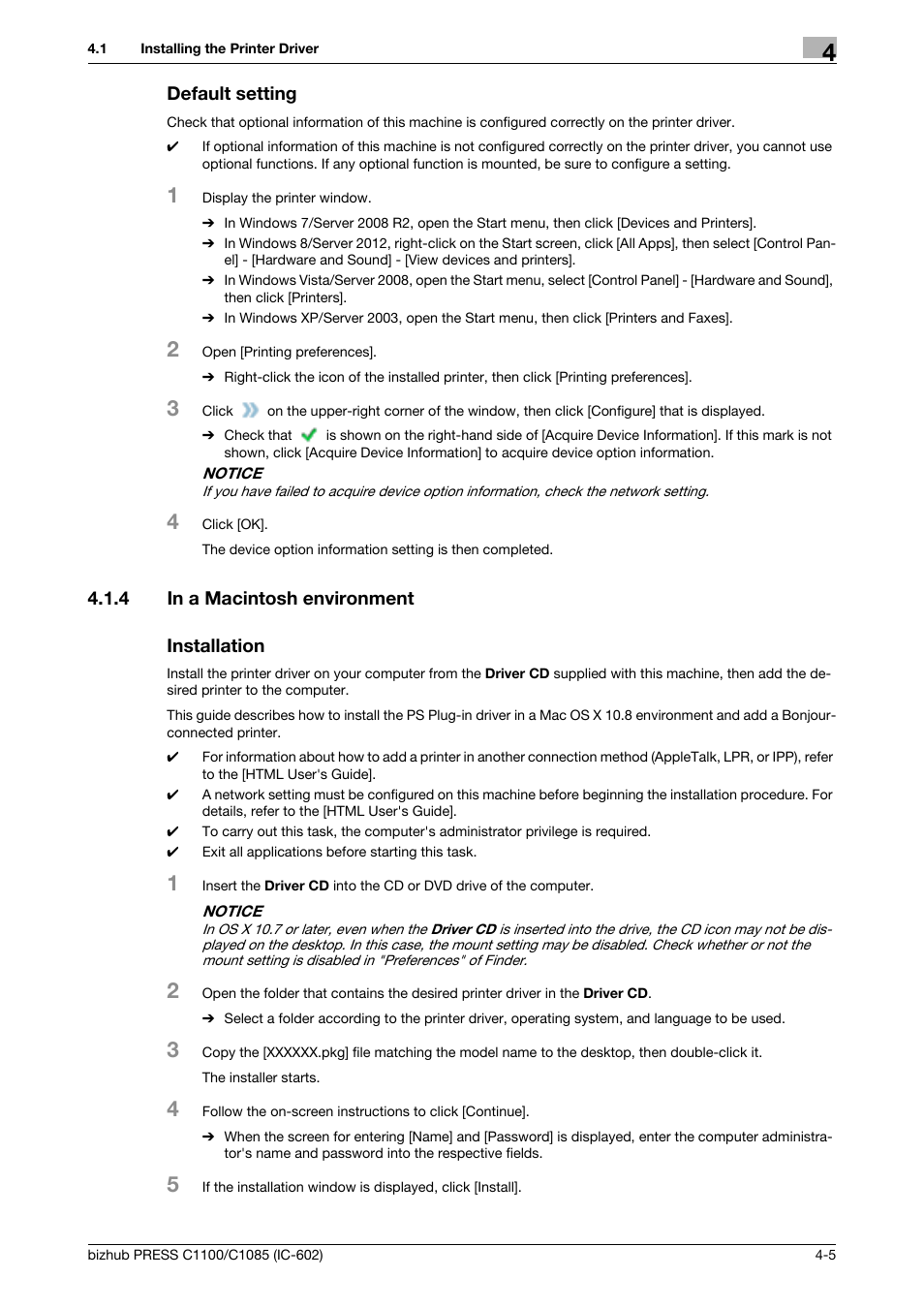 Default setting, 4 in a macintosh environment, Installation | In a macintosh environment -5 | Konica Minolta bizhub PRESS C1085 User Manual | Page 29 / 130