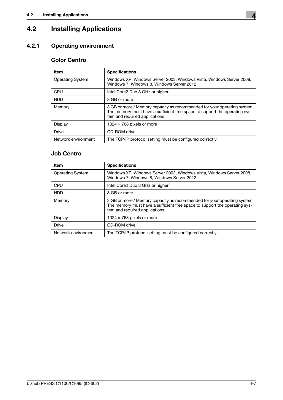 2 installing applications, 1 operating environment, Color centro | Job centro, Installing applications -7, Operating environment -7, 1 operating environment color centro job centro | Konica Minolta bizhub PRESS C1085 User Manual | Page 31 / 130