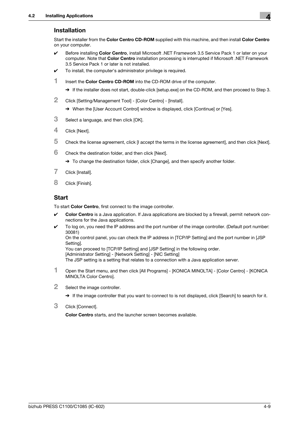 Installation, Start | Konica Minolta bizhub PRESS C1085 User Manual | Page 33 / 130