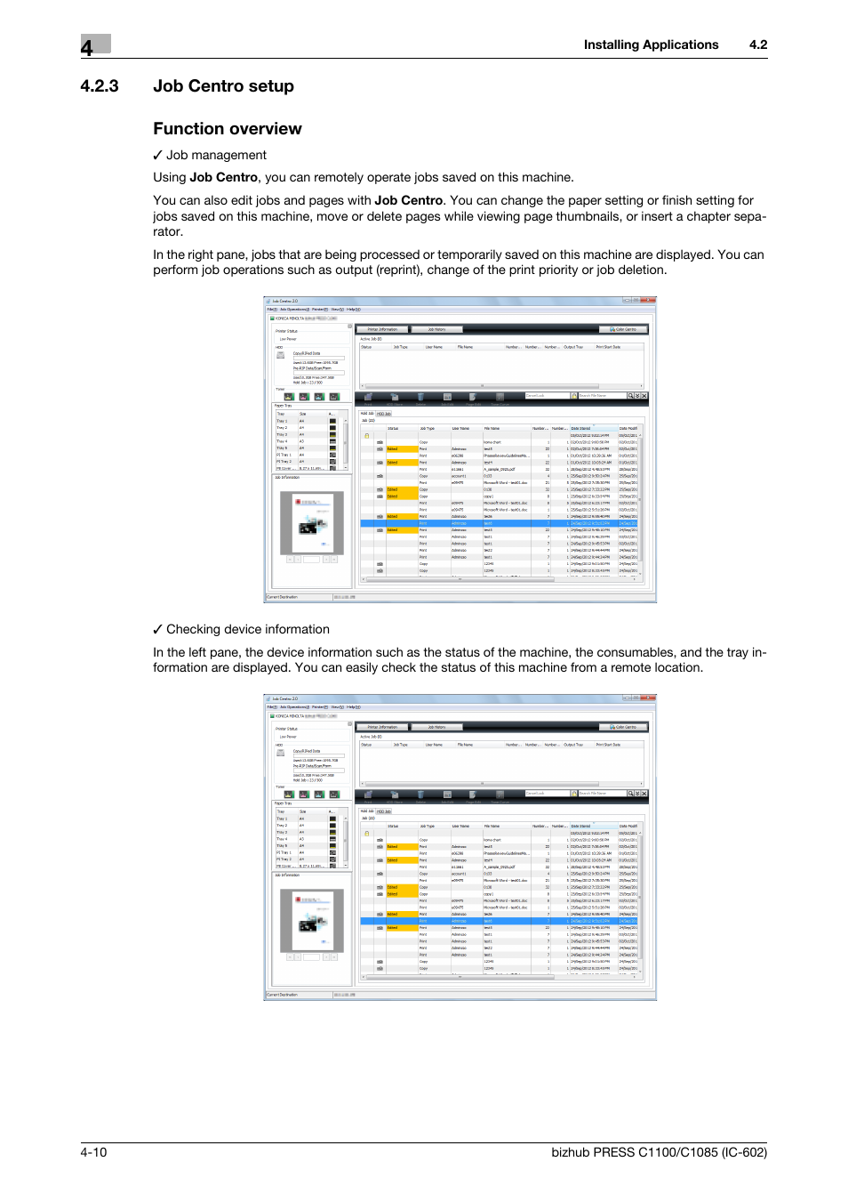 3 job centro setup, Function overview, Job centro setup -10 | Konica Minolta bizhub PRESS C1085 User Manual | Page 34 / 130