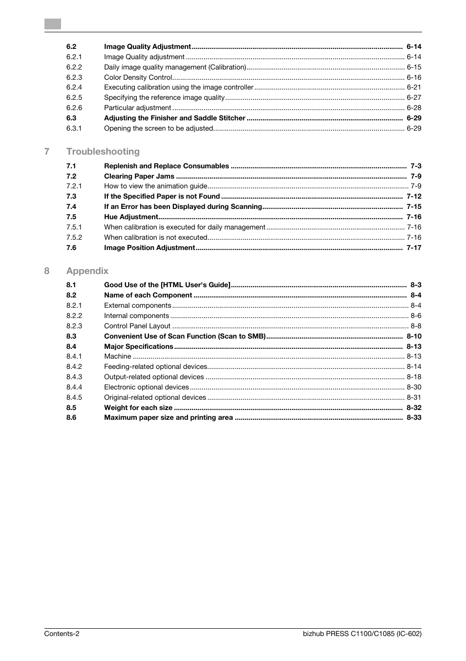 7troubleshooting, 8appendix | Konica Minolta bizhub PRESS C1085 User Manual | Page 4 / 130
