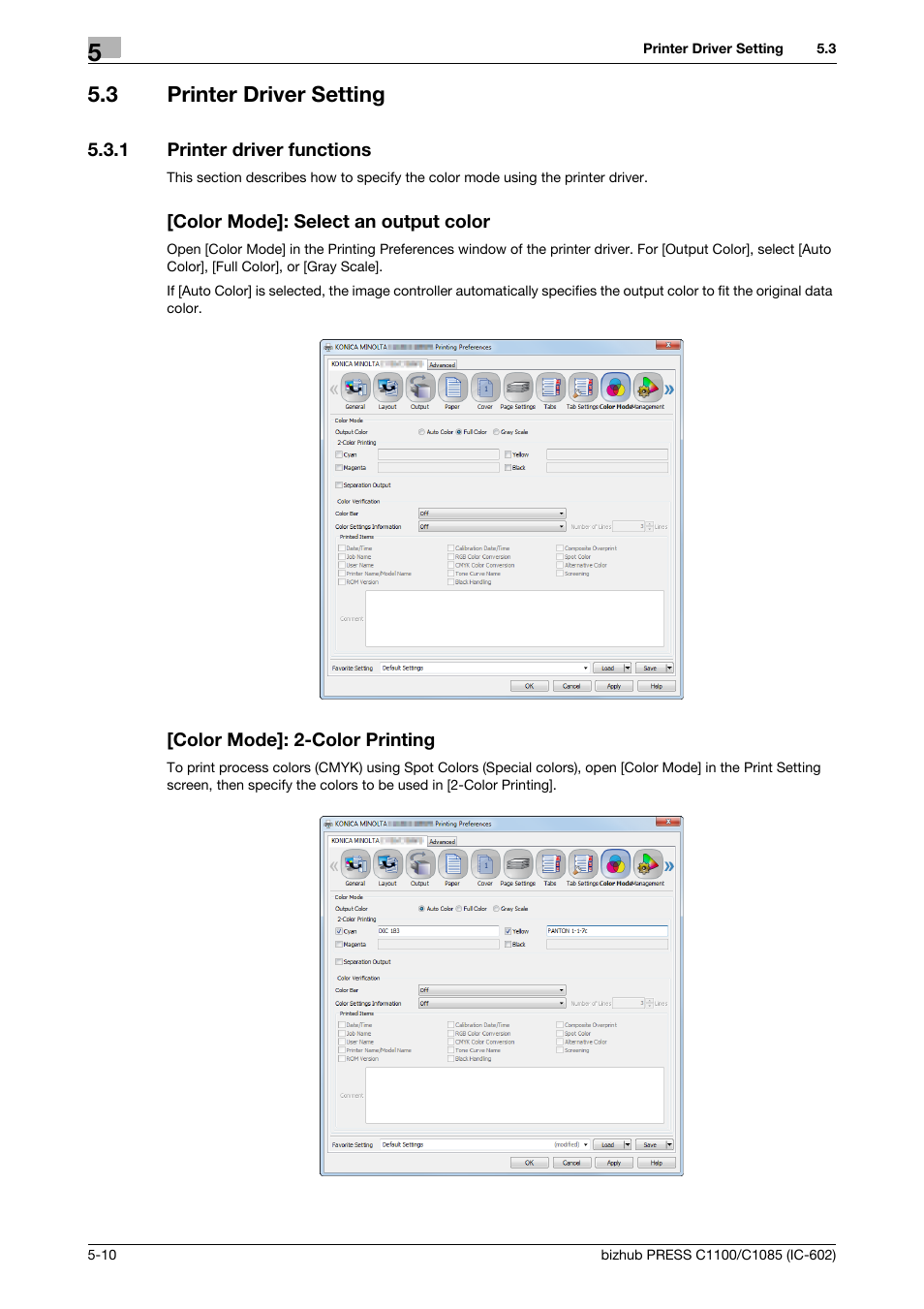 3 printer driver setting, 1 printer driver functions, Color mode]: select an output color | Color mode]: 2-color printing, Printer driver setting -10, Printer driver functions -10 | Konica Minolta bizhub PRESS C1085 User Manual | Page 46 / 130