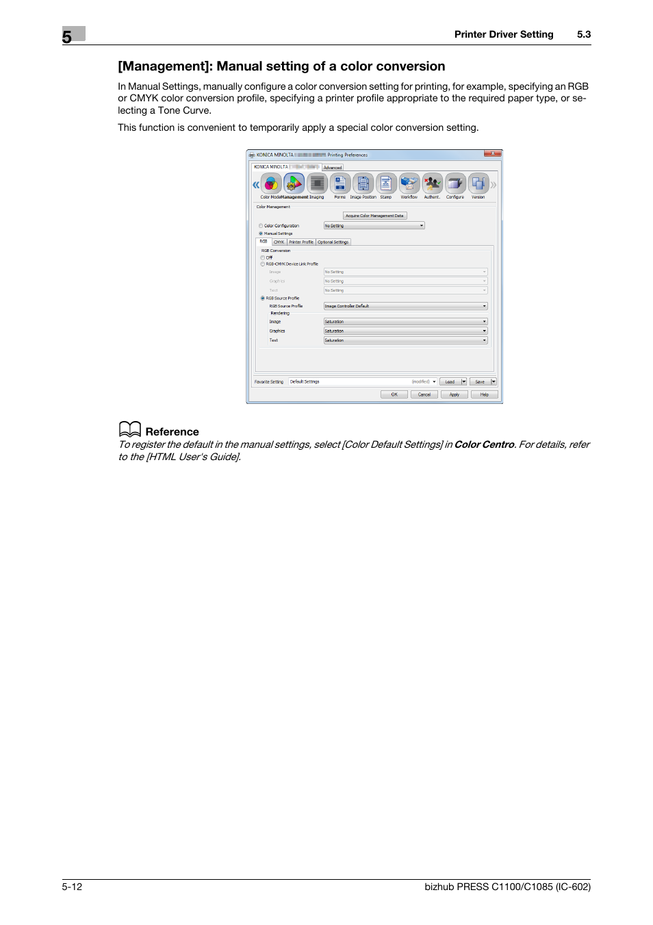 Management]: manual setting of a color conversion | Konica Minolta bizhub PRESS C1085 User Manual | Page 48 / 130