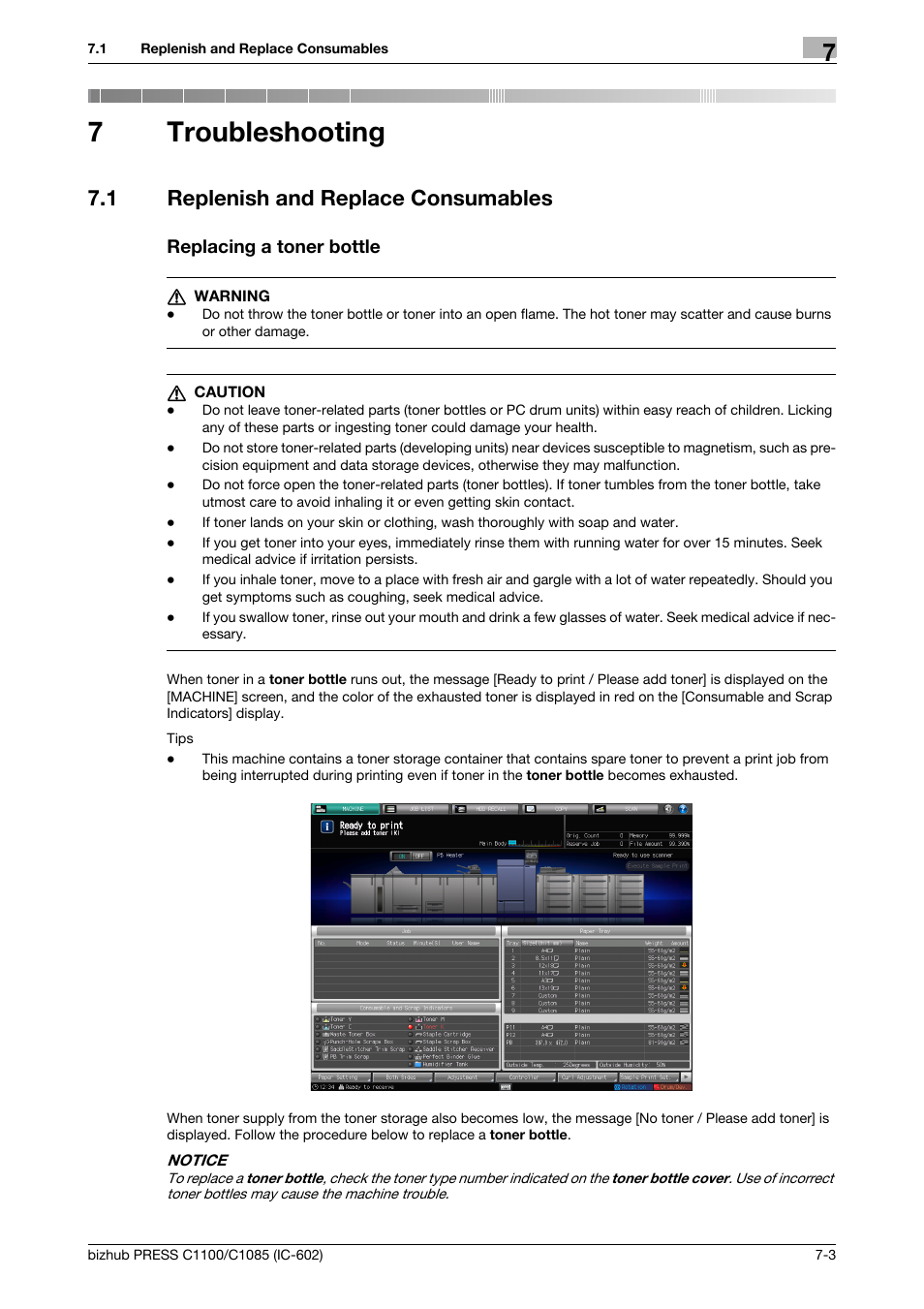 7 troubleshooting, 1 replenish and replace consumables, Replacing a toner bottle | Troubleshooting, Replenish and replace consumables -3, 7troubleshooting | Konica Minolta bizhub PRESS C1085 User Manual | Page 81 / 130